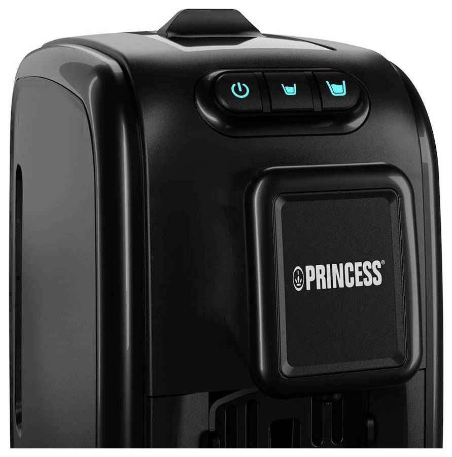 Schwarzes Princess-Gerät mit oben angebrachten Power- und Funktionstasten sowie Logopaneel auf der Vorderseite, gezeigt auf weißem Hintergrund.