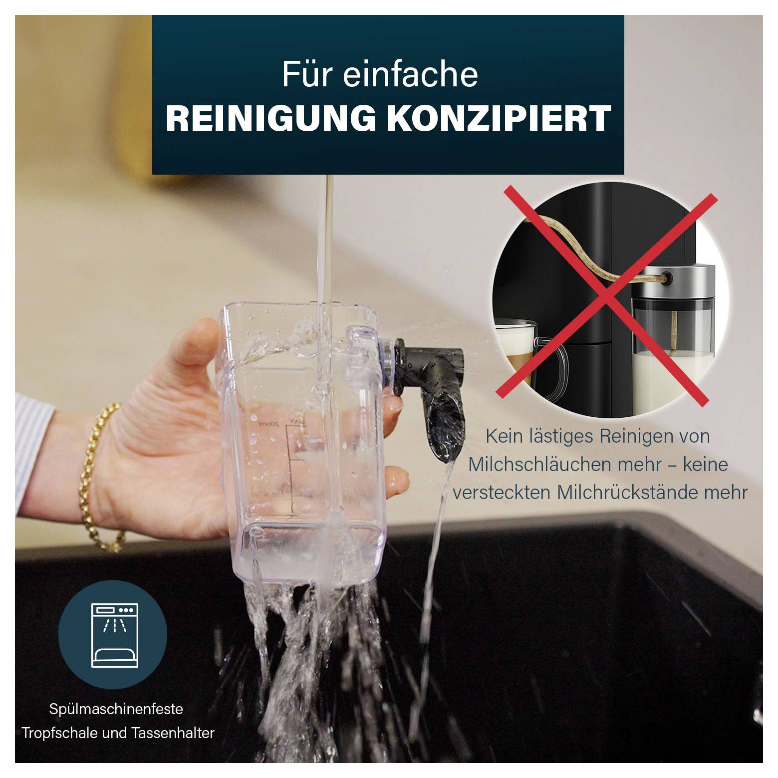 # Geschirrspüler sichere Milchaufschäumer Teile werden unter fließendem Wasser gespült, mit deutschem Text, der einfache Reinigung und keine versteckten Milchrückstände bewirbt.