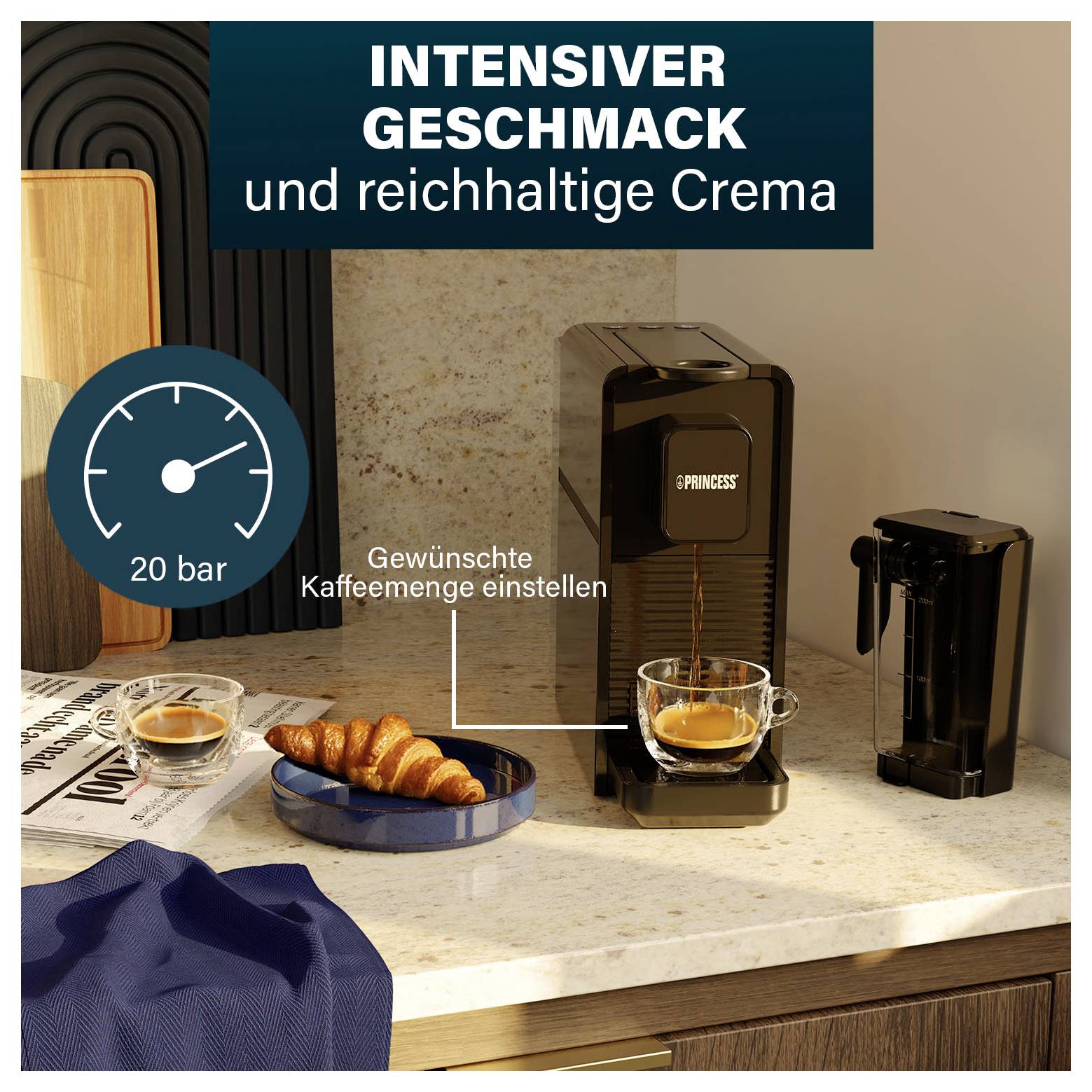 Espresso-Maschine für die Arbeitsplatte mit Tassenausgabe, die Kaffee in ein Glas abgibt; deutscher Text sagt „intensiver Geschmack und reichhaltige Crema