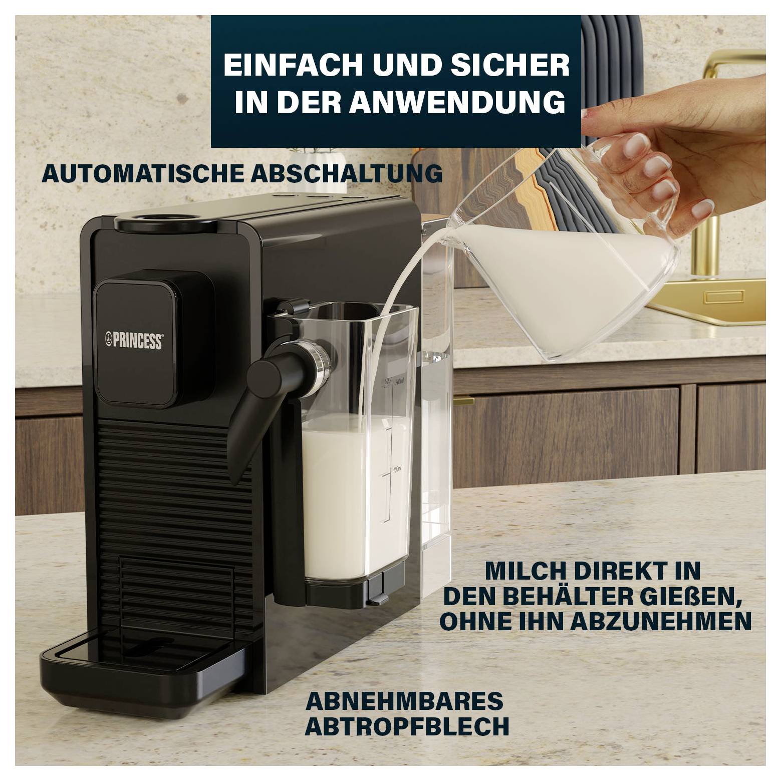 Milchaufschäumer für die Arbeitsplatte mit abnehmbarem Abtropfblech; deutsche Aufkleber besagen einfache, sichere Bedienung, automatische Abschaltung und direktes Eingießen von Milch in den Behälter ohne Entfernung.