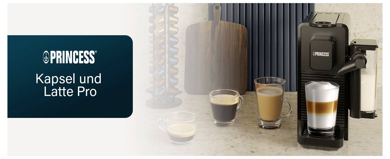 PRINCESS Kapsel und Latte Pro Kaffeemaschine mit Pods und drei zubereiteten Getränken, dargestellt als Produktwerbung.