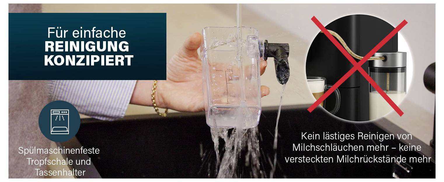 Spülmaschinenfeste Kaffeemaschinenbauteile und Milchaufschäumer werden gezeigt, wobei ein durchgestrichenes Milchsystem anzeigt, dass kein lästiges Reinigen oder versteckte Milchrückstände mehr vorhanden sind.
