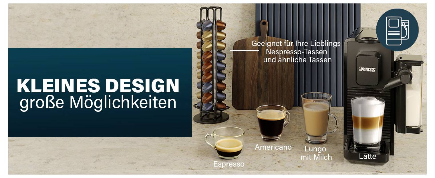Ad-Style-Bild einer kleinen Nespresso-Kaffeemaschine mit verschiedenen Tassen, die Getränkeoptionen zeigen, zusammen mit dem Text 