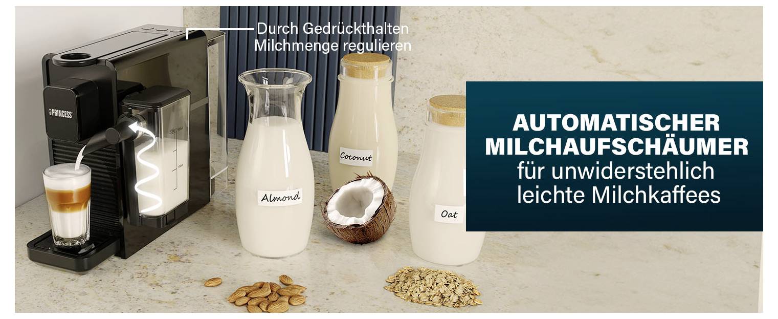 Princess 249455 Kapselmaschine Schwarz Fassungsvermögen Tassen=1 mit automatischem Milchaufschäumer, mit Druckbrühsystem, One