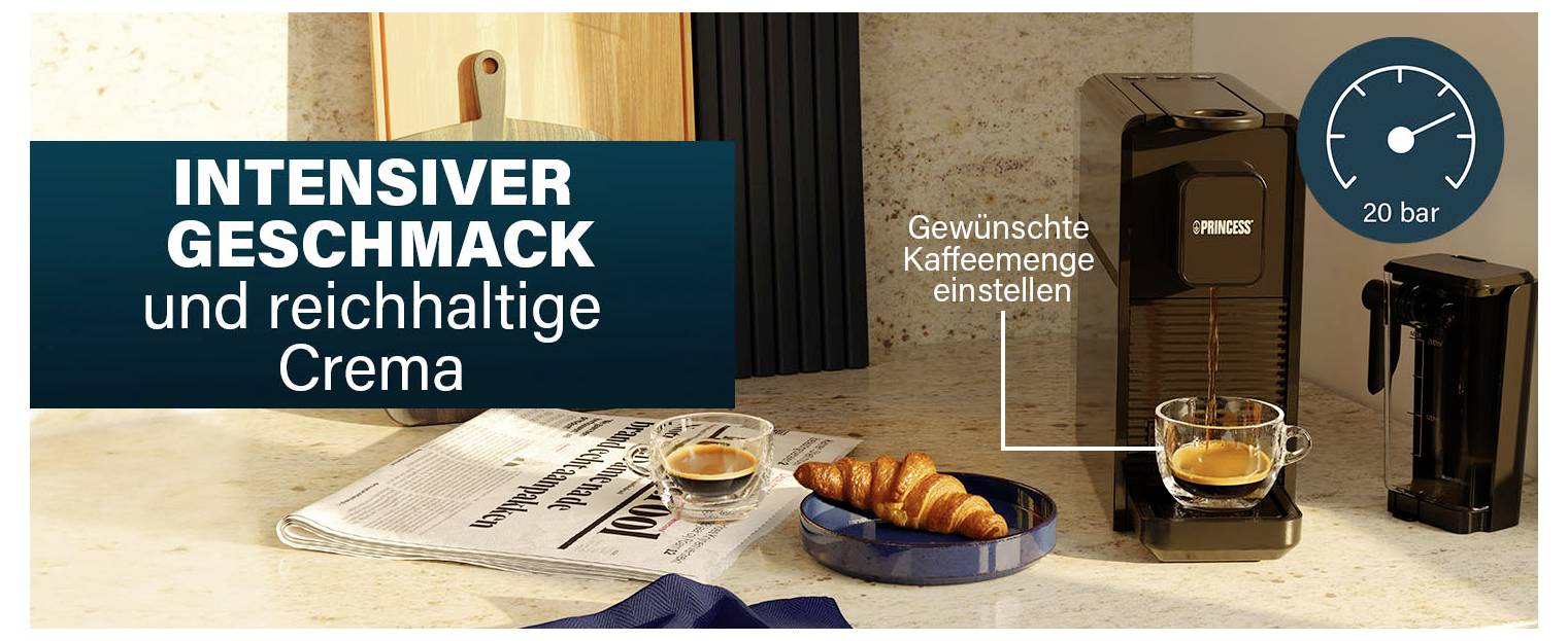 Intensive Geschmack und reichhaltige Crema mit einer Tasse Espresso, Croissant und einstellbarer gewünschter Kaffeemenge, plus ein 20-Bar-Manometer.