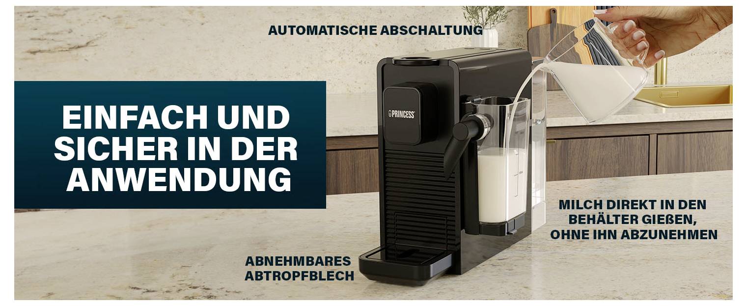 Werbebild einer Kaffeemaschine, die Milch direkt in einen eingebauten Behälter abgibt, mit deutschem Text, der einfache, sichere Verwendung und automatische Abschaltung sowie ein abnehmbares Auffangtablett hervorhebt.
