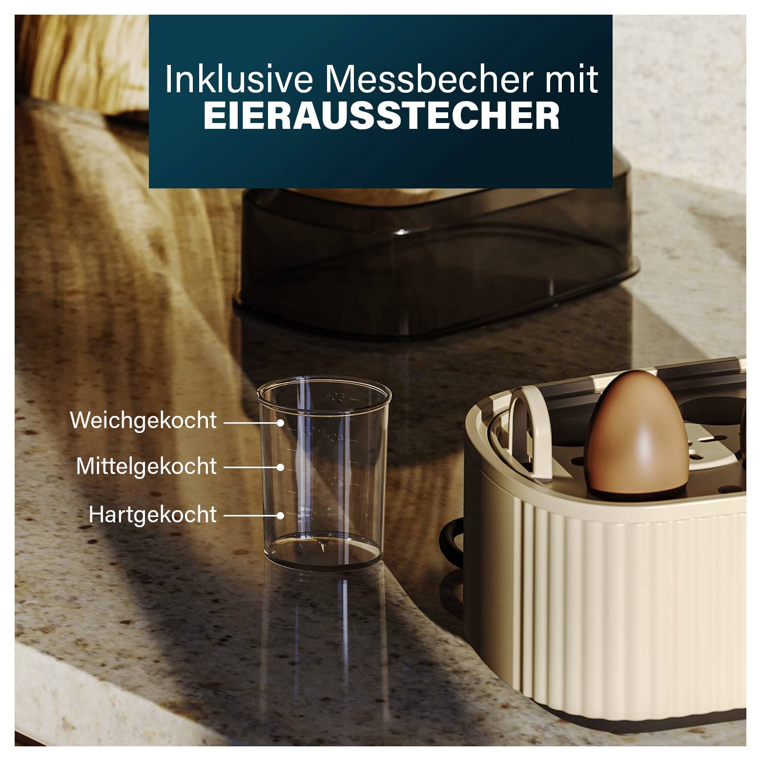 Anzeige für einen „inklusiven Messbecher mit EIERAUSSTECHER