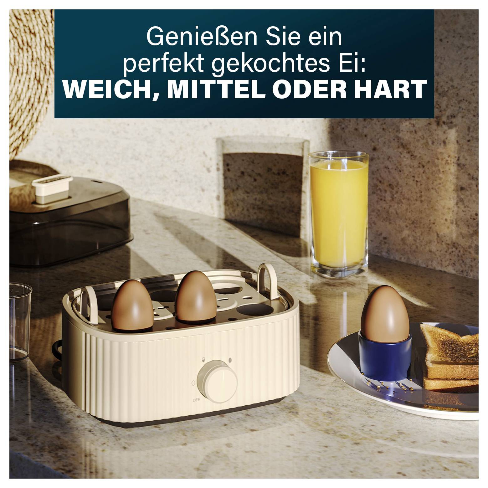 Anzeigenbild eines Tischplatteneierkochers mit drei Eiern und deutschem Text: „Genießen Sie ein perfekt gekochtes Ei: WEICH, MITTEL ODER HART
