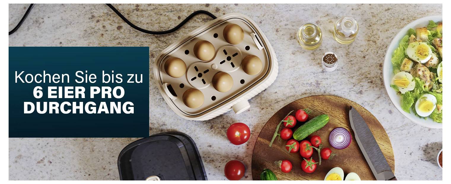 Deutsches Küchengrafikbild, das einen Eierkocher, Eier und Lebensmittelzubereitung mit dem Text „Kochen Sie bis zu 6 EIER PRO DURCHGANG