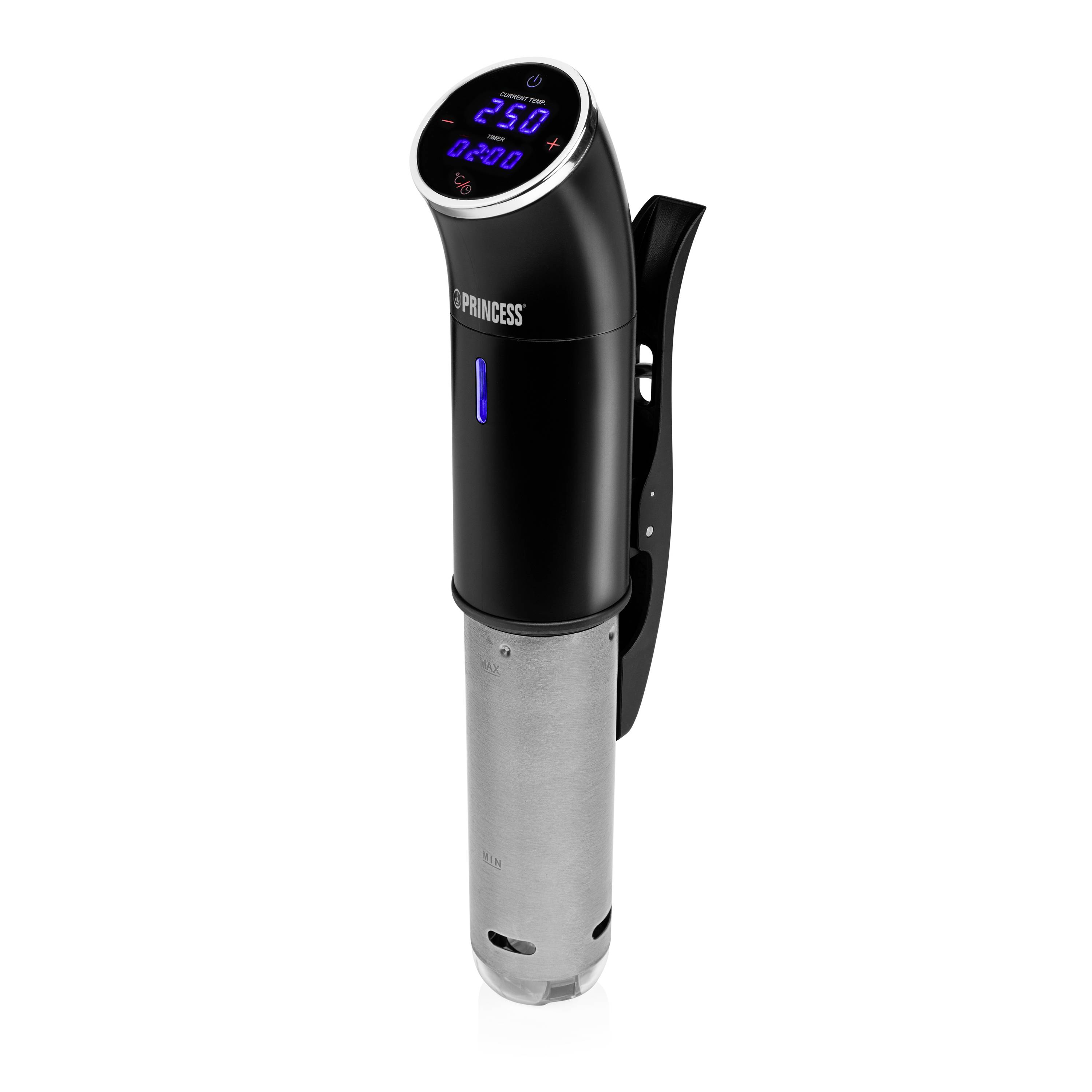 Schwarz-silberner Immersionsthermostaten mit digitaler Temperaturanzeige, dargestellt auf weißem Hintergrund.