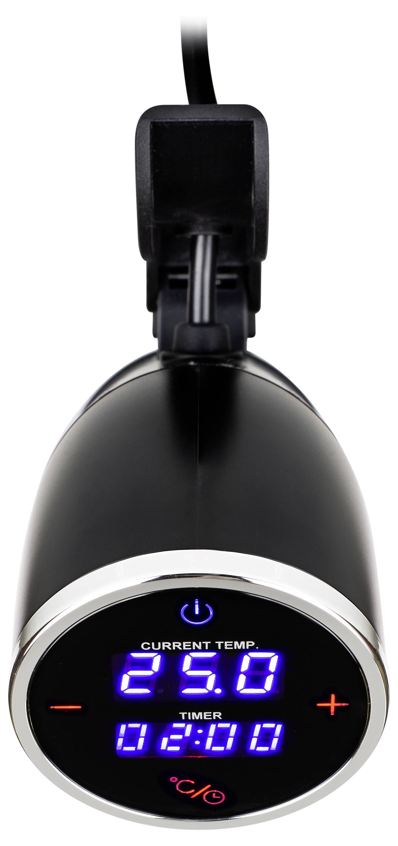 Schwarzer elektrischer Wasserkocher mit blauem digitalem Display, das die aktuelle Temperatur 250 und den Timer 01:01:10 anzeigt, sowie Plus- und Minus-Bedienelemente und einen Power-Button.