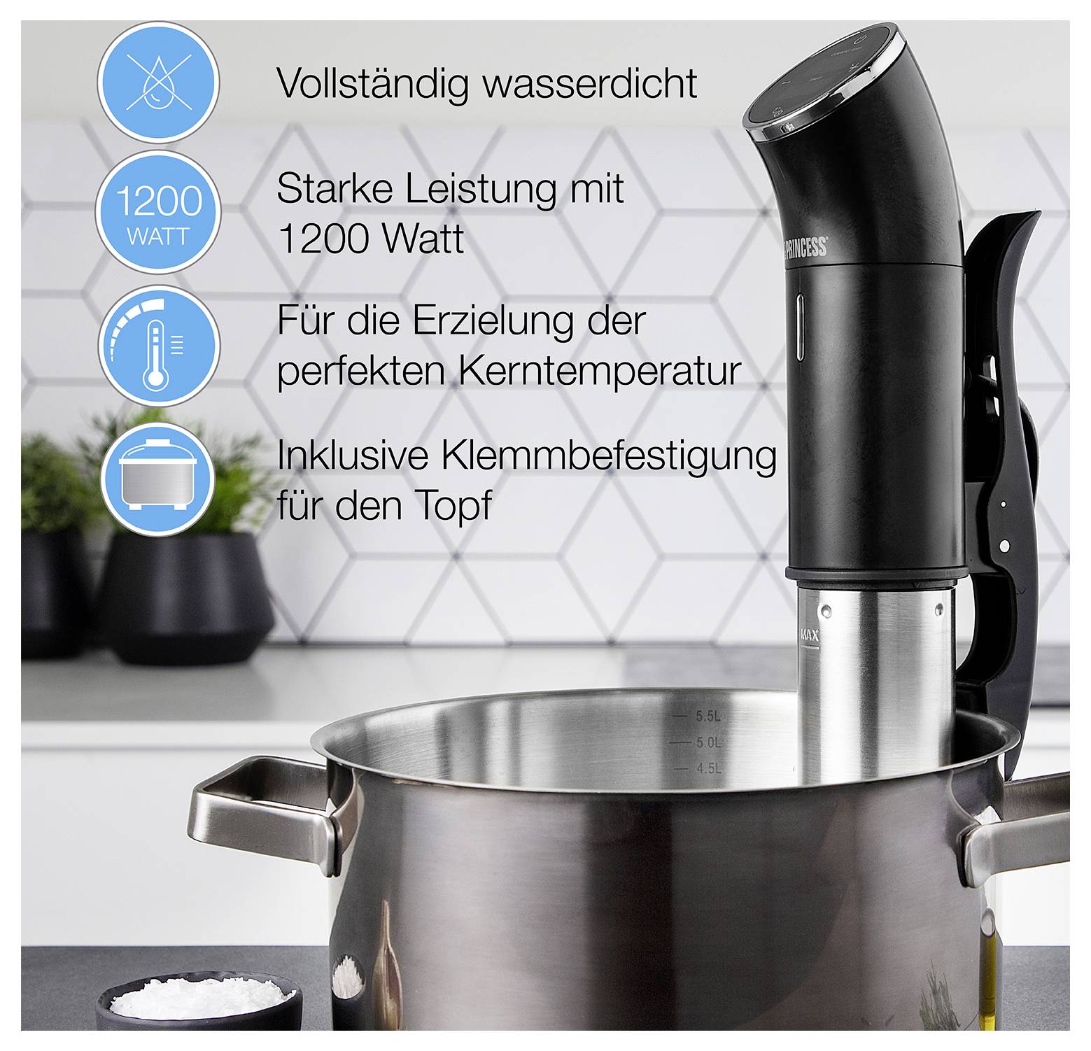 Immersion-Zirkulator zum Kochen in einem Topf, mit deutschen Merkmalstexten: 'Vollständig wasserdicht', '1200 Watt', Temperaturregelung und Klemmanbringung.