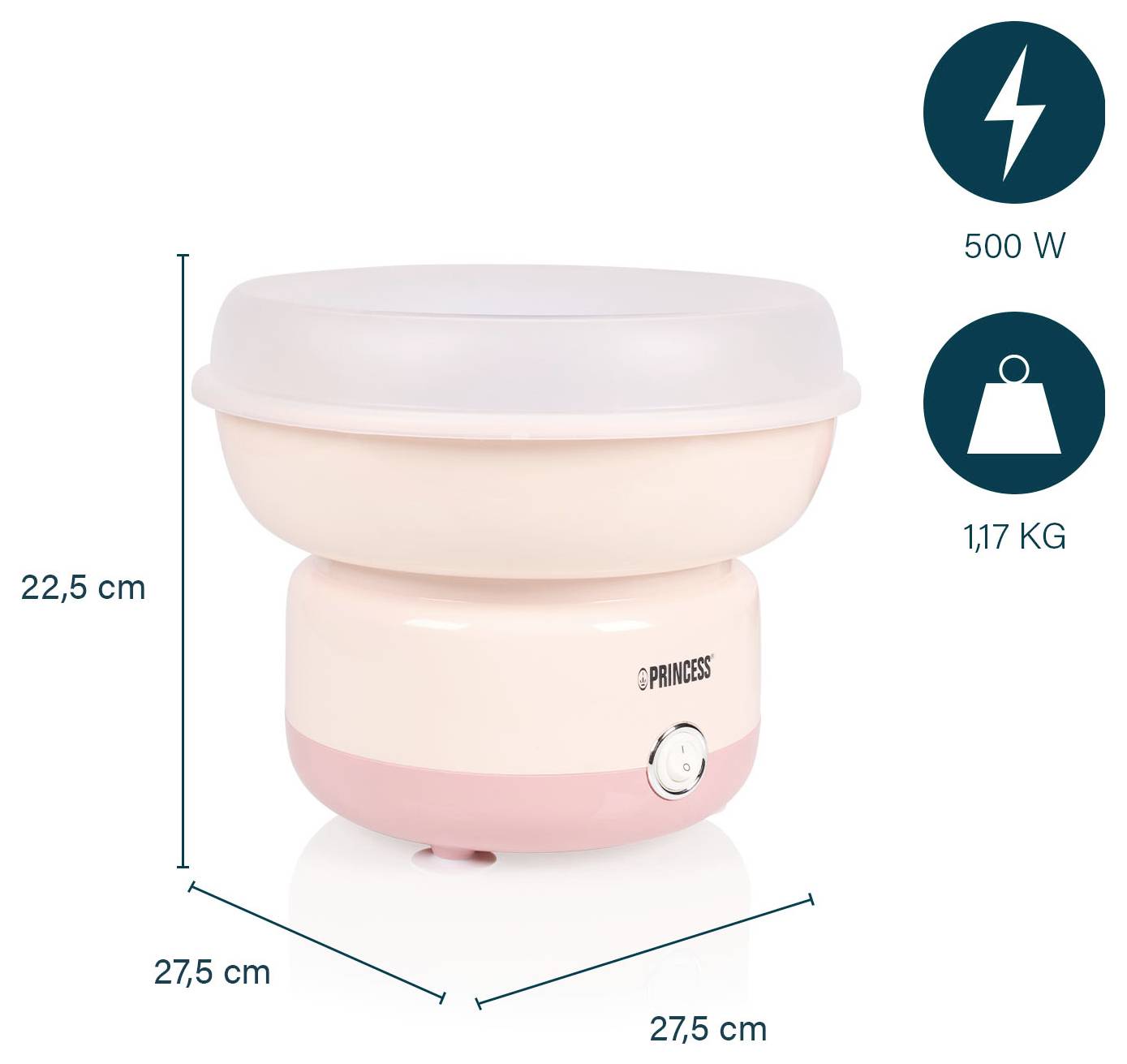 Pink Princess Zuckerwattemaschine mit Schüssel, gezeigt mit Abmessungen von 22,5 cm Höhe und 27,5 cm Breite/Tiefe, 500 W Leistung, 1,17 kg Gewicht.
