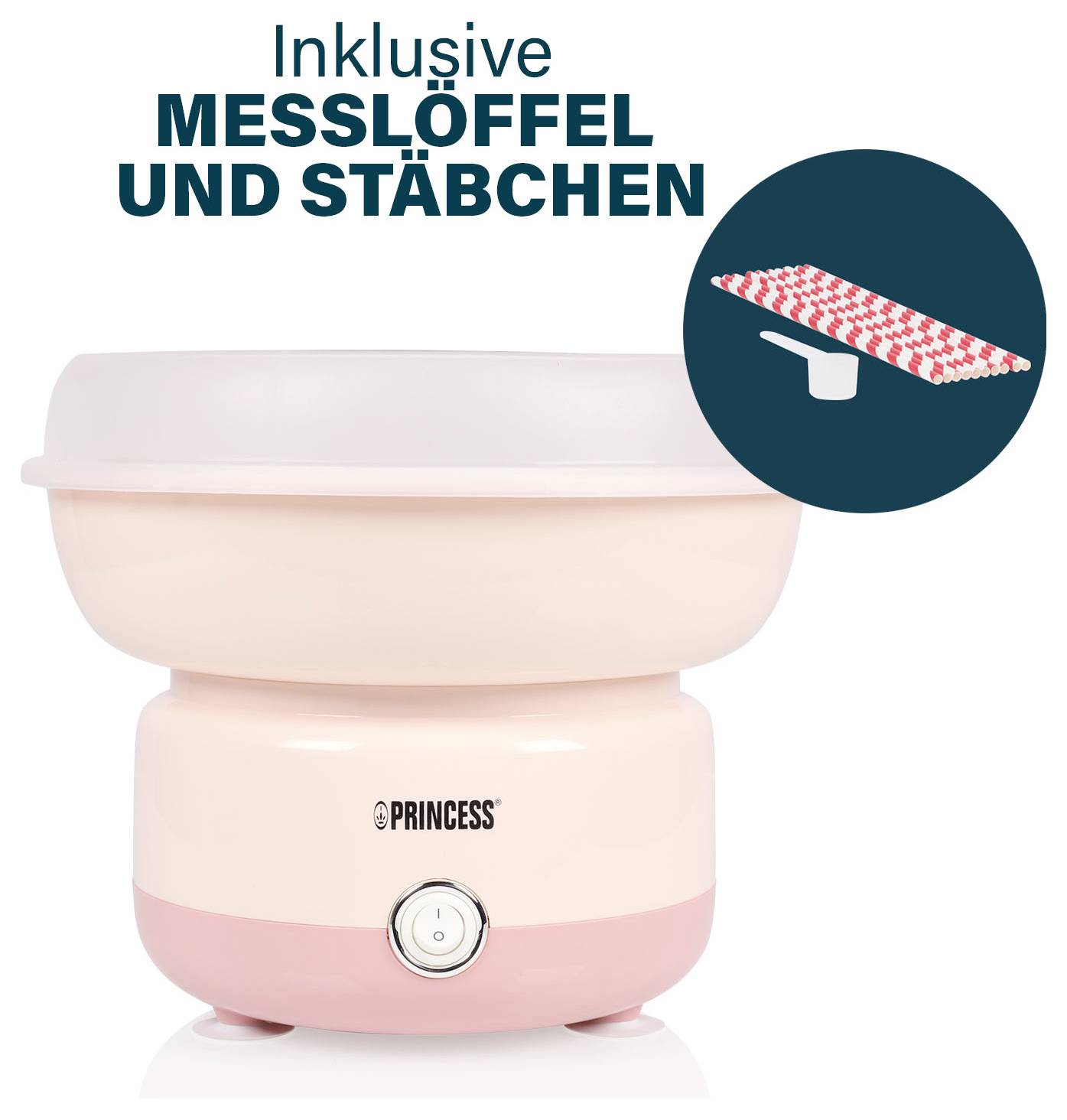 Pink Princess Schüsselmaschine mit dem deutschen Text „Inklusive Messlöffel und Stäbchen