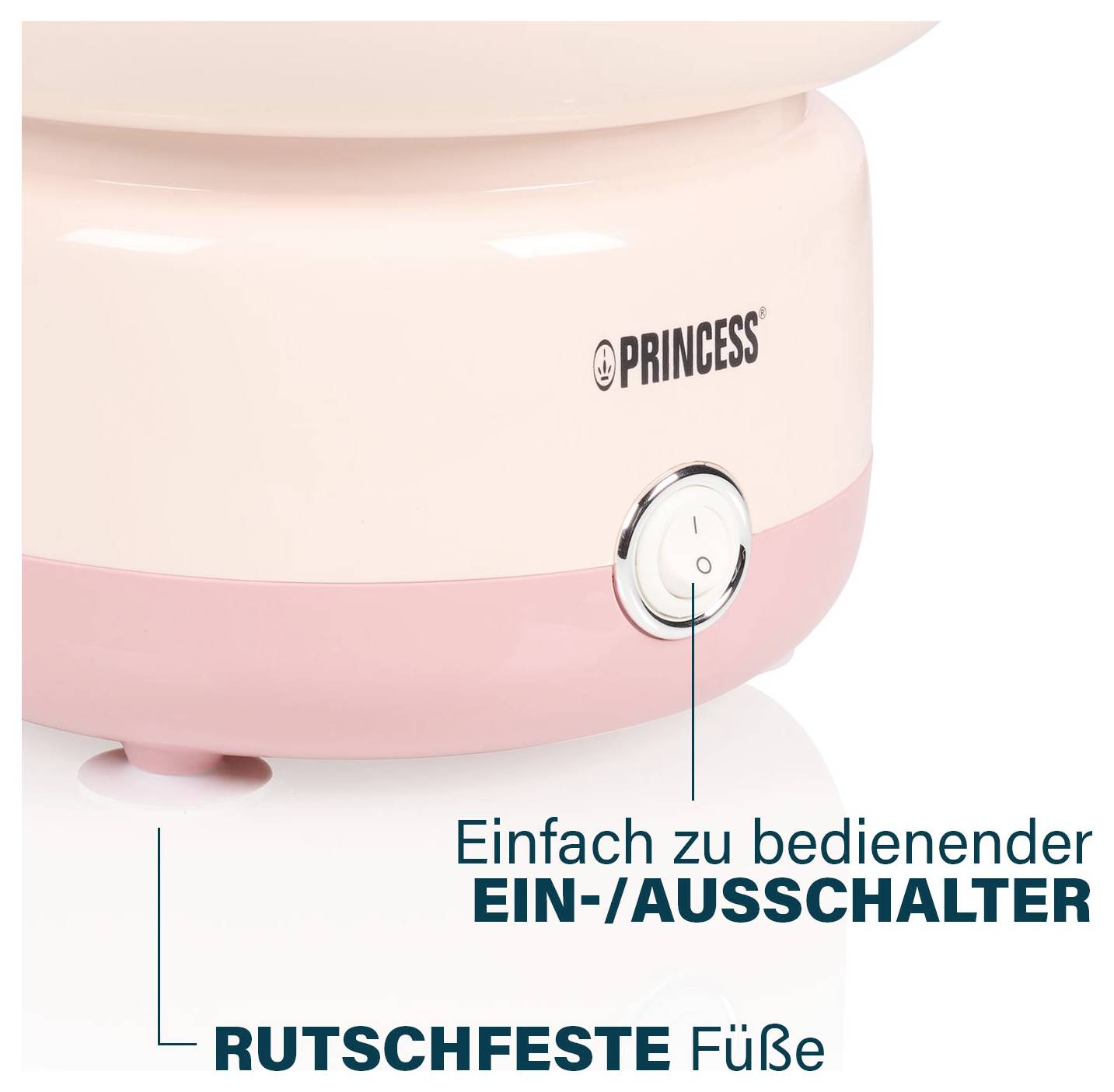 Rosa-farbenes Princess-Gerät in Nahaufnahme mit hervorgehobenem Netzschalter; deutsche Beschriftungen lauten „Einfach zu bedienender EIN-/AUSSCHALTER
