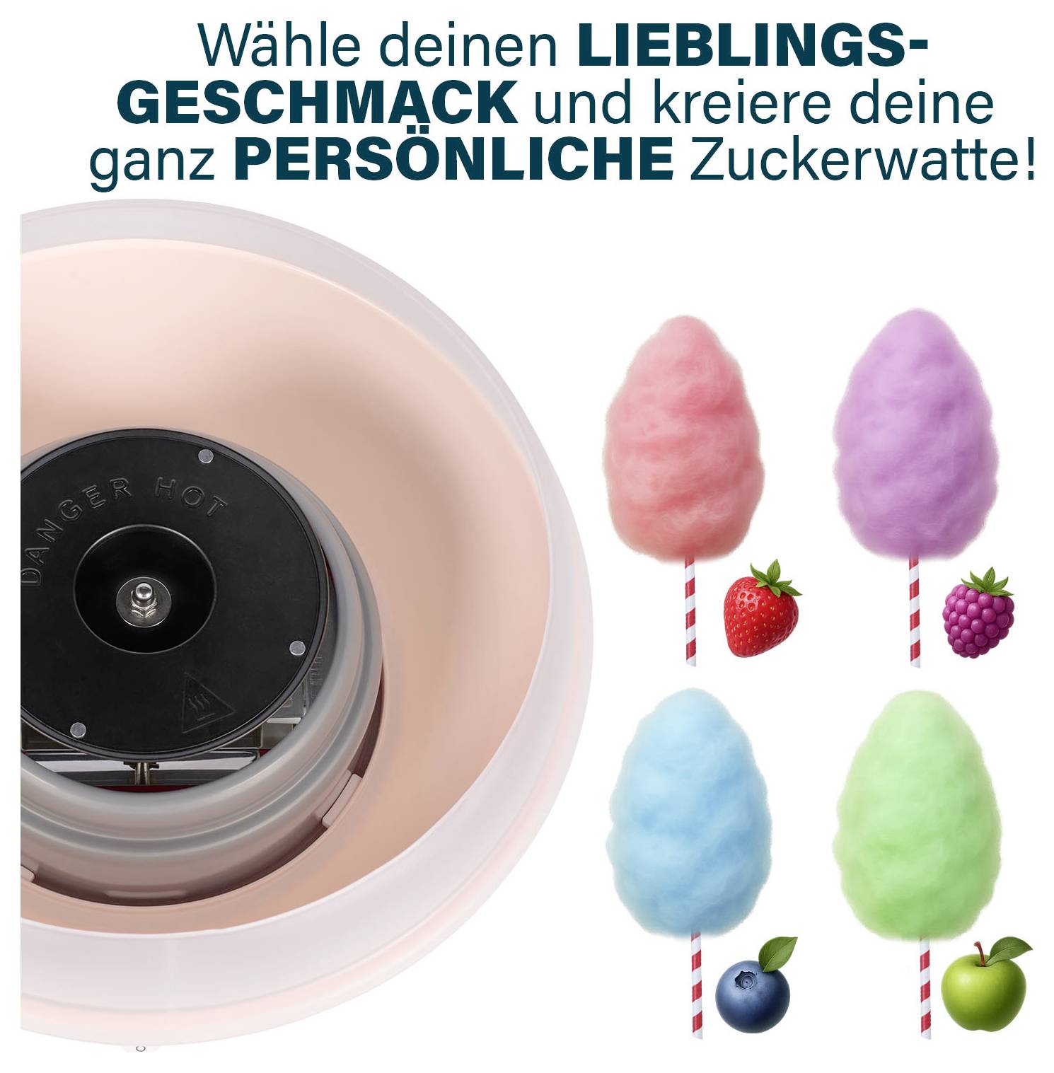 Eine Zuckerwattemaschine neben vier Geschmacksoptionen: Erdbeere, Himbeere, Blaubeere und grüner Apfel. Deutscher Text besagt, Ihren Lieblingsgeschmack auszuwählen und personalisierte Zuckerwatte zu kreieren.