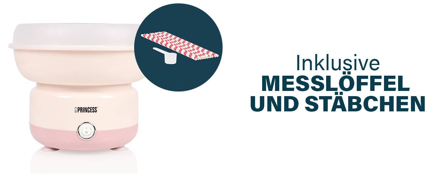 Rosa elektrischer Wärmer mit einer Schüssel und einem kreisförmigen Symbol, das einen angehakten Messlöffel und einen Stab zeigt; der Text lautet „Inklusive Messlöffel und Stäbchen