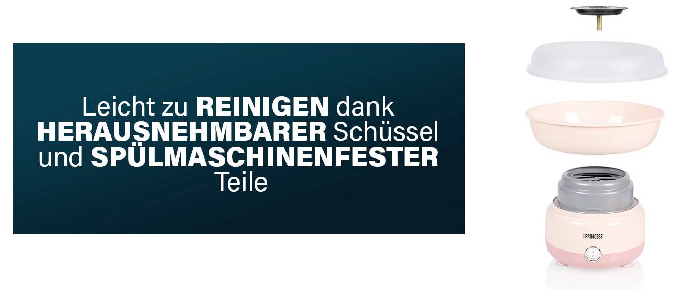 Werbegrafik, die eine Küchenmaschine mit abnehmbarer Schüssel und spülmaschinenfestem Fenster zeigt; deutscher Text sagt „Leicht zu reinigen dank abnehmbarer Schüssel und spülmaschinenfesten Teilen