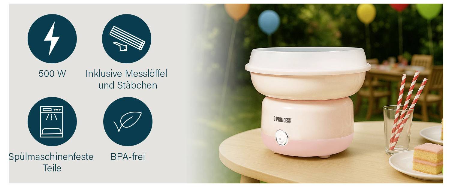 Rosa elektrischer Fondue-Topf auf einem Tisch, mit vier Symbolen, die Funktionen auflisten: 500 W, „Inklusive Messlöffel und Stäbchen