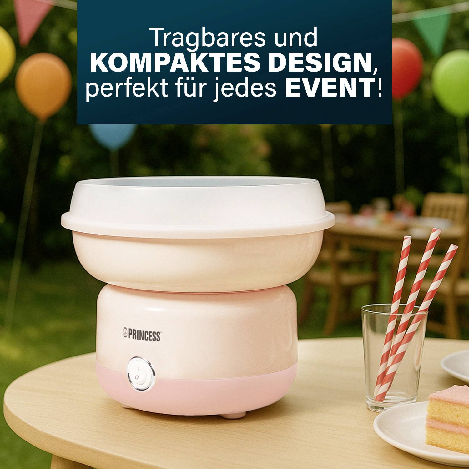 Tragbare rosa-weiße Zuckerwattemaschine auf einem Tisch, mit deutschem Text, der besagt: 