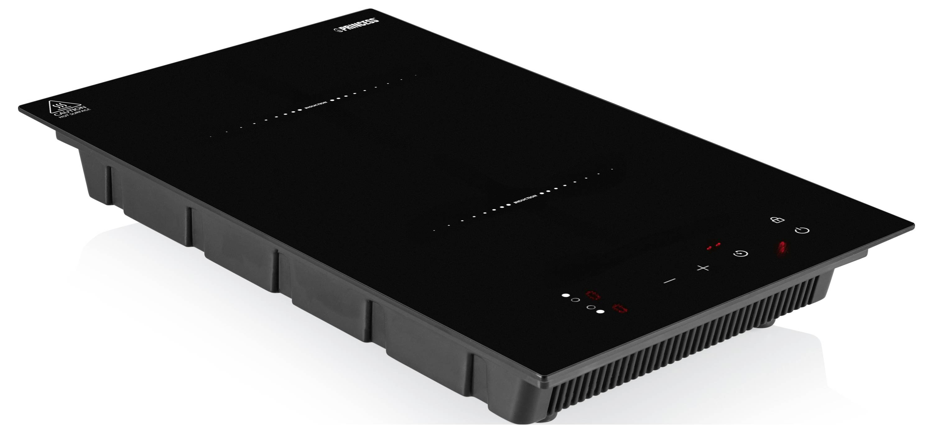 Schwarzes rechteckiges elektronisches Gerät mit belüfteten Seiten und Touchbedienungen oben rechts, auf weißem Hintergrund dargestellt.