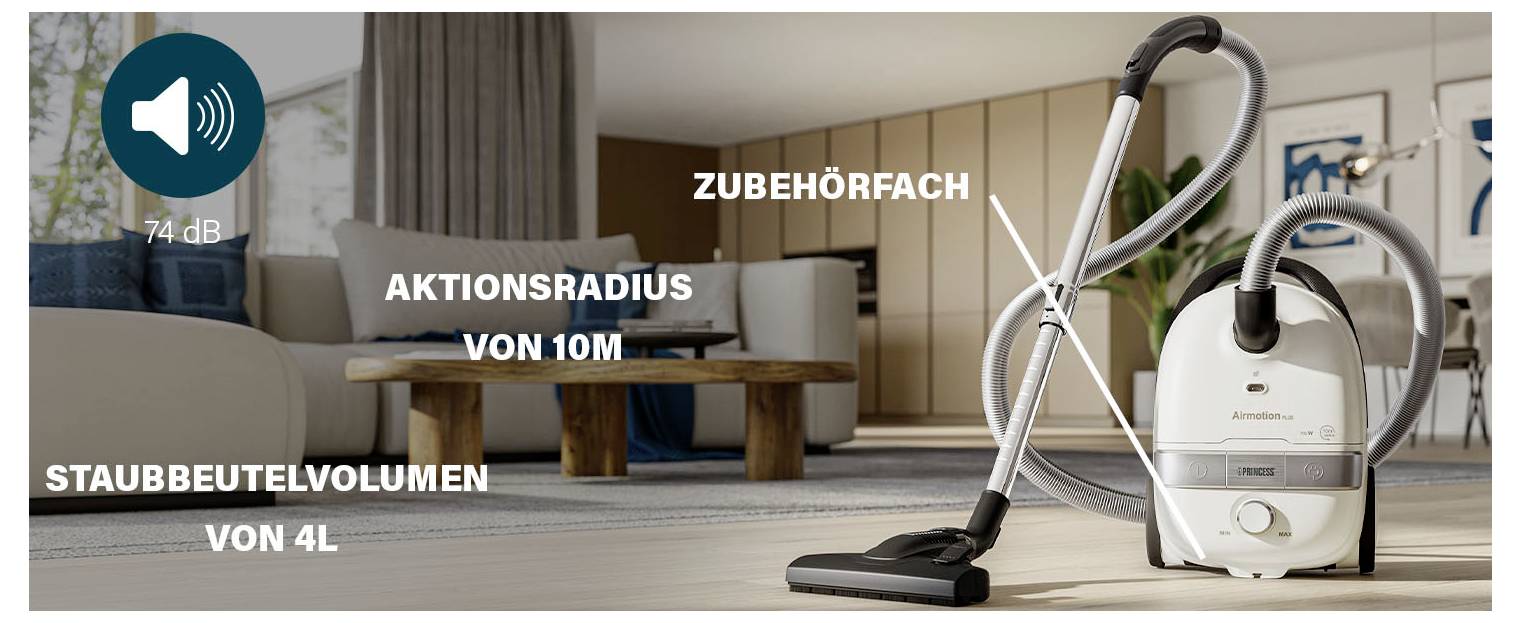 Bodenstaubsauger mit Beutelfach und 4-Liter-Staubbeutelvolumen, Aktionsradius von 10 m und 74 dB Lautstärke.
