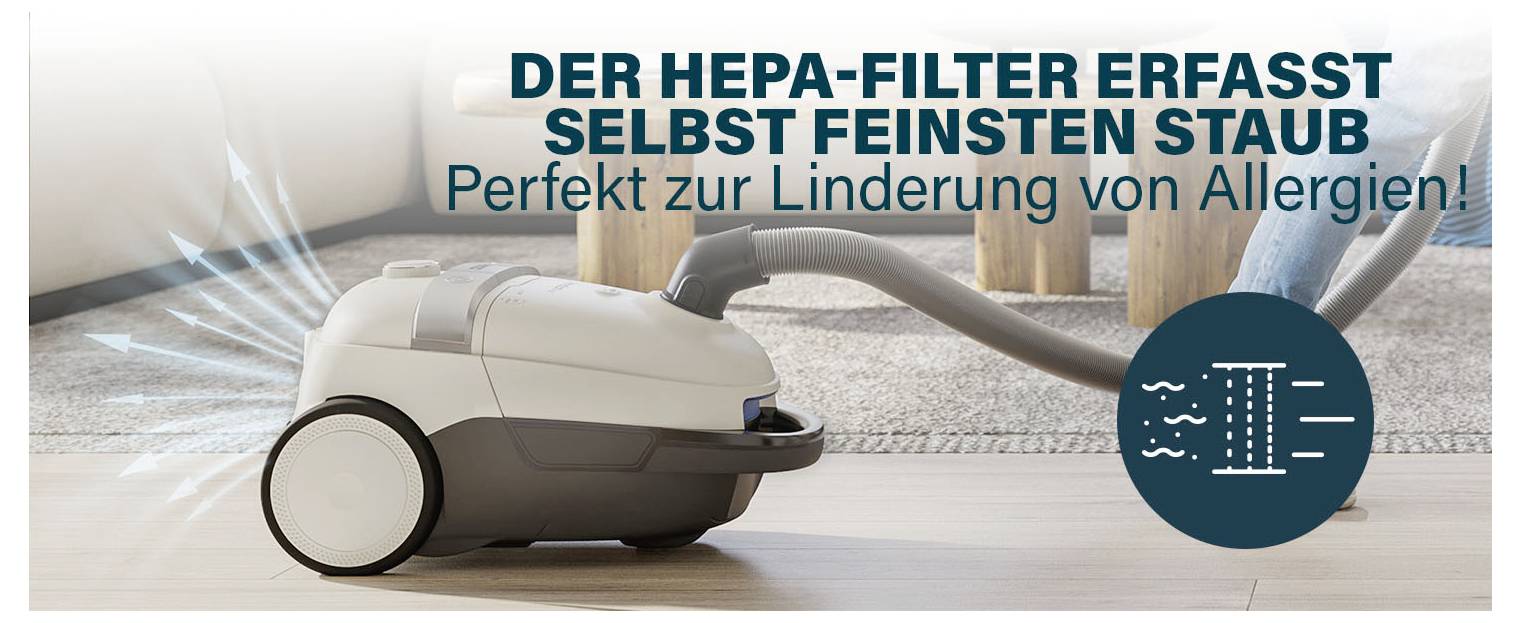 Werbeabbildung eines Staubsaugers mit dem Text 'DER HEPA-FILTER ERFASST SELBST FEINSTEN STAUB' und 'Perfekt zur Linderung von Allergien!'; Symbol für Filterleistung.