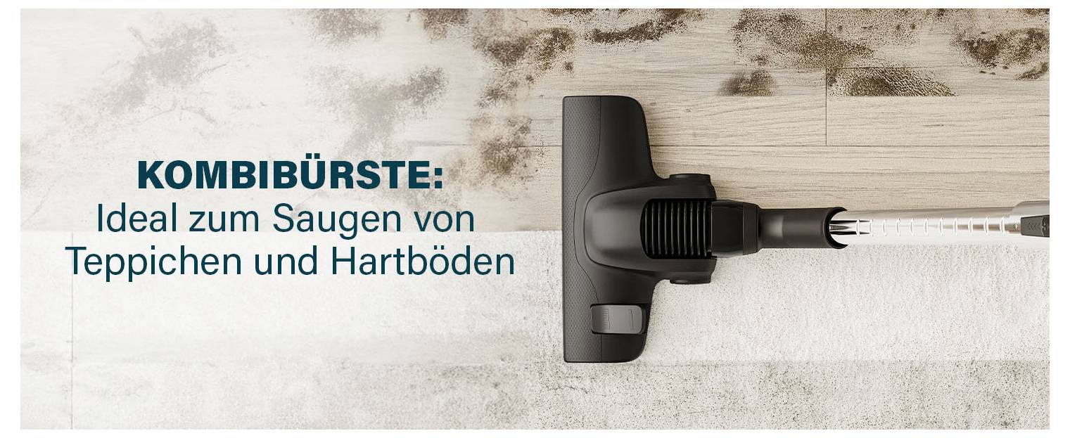 Werbebild einer Kombibürste am Staubsauger auf Teppich und Hartboden; Text: 'KOMBIBÜRSTE: Ideal zum Saugen von Teppichen und Hartböden'
