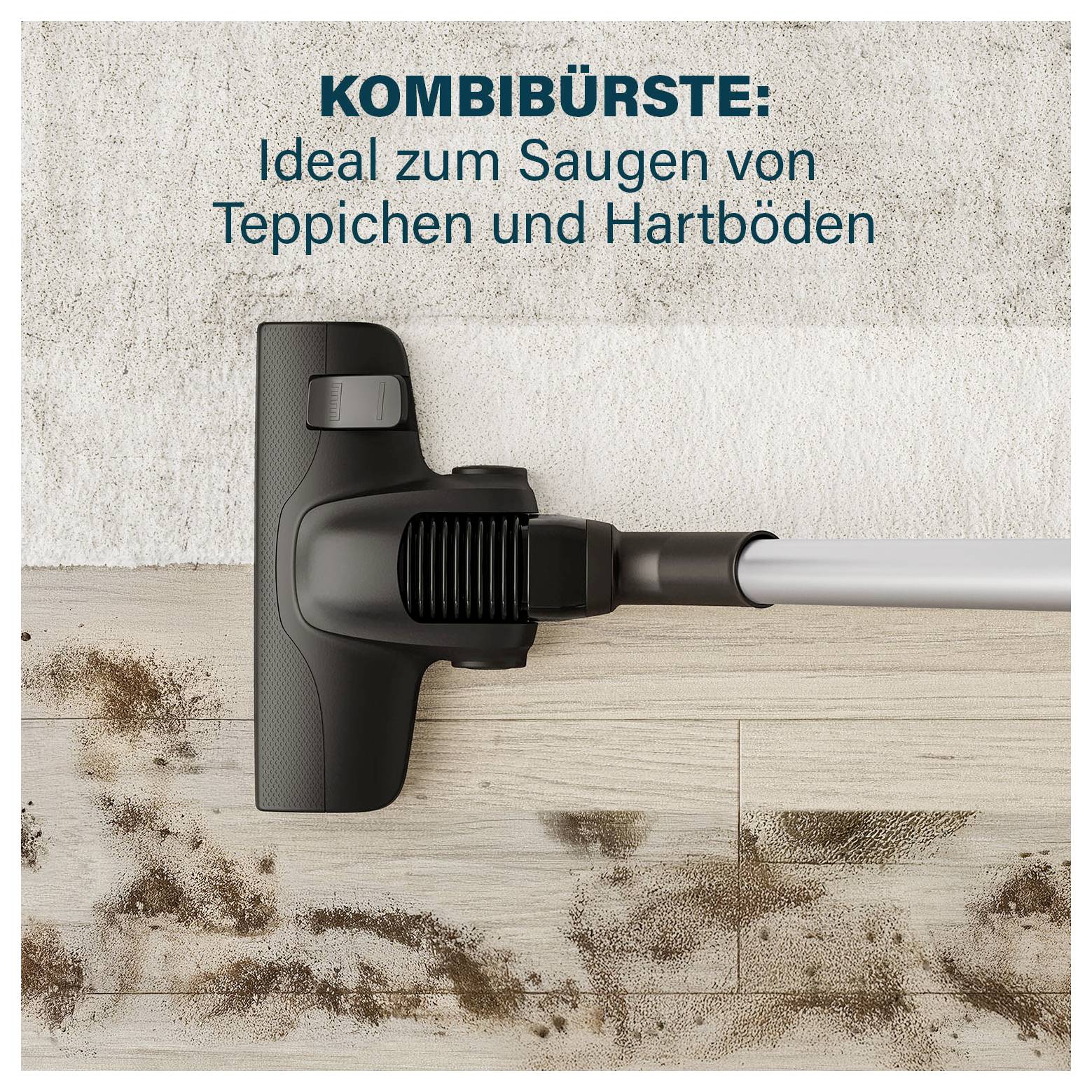 Werbegrafik einer Kombibürste am Staubsauger; Text: 'KOMBIBÜRSTE: Ideal zum Saugen von Teppichen und Hartböden'.