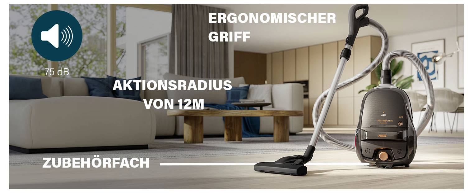 Staubsauger mit ergonomischem Griff, Aktionsradius von 12 m und Zubehörfach; links Icon '75 dB' als Hinweis auf leisen Betrieb.