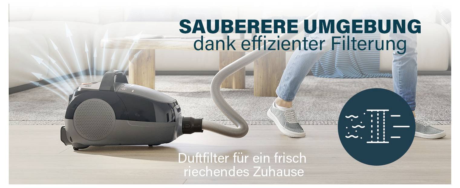 Werbung für einen Staubsauger mit der Botschaft 'Sauberere Umgebung dank effizienter Filterung' und 'Duftfilter für ein frisch riechendes Zuhause'.