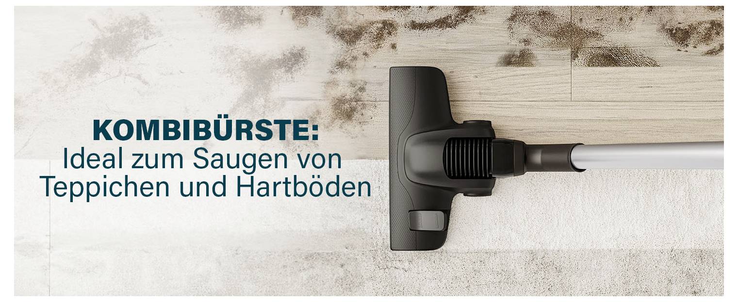 Kombibürste eines Staubsaugers auf Teppich und Hartboden; Text: 'Ideal zum Saugen von Teppichen und Hartböden'.