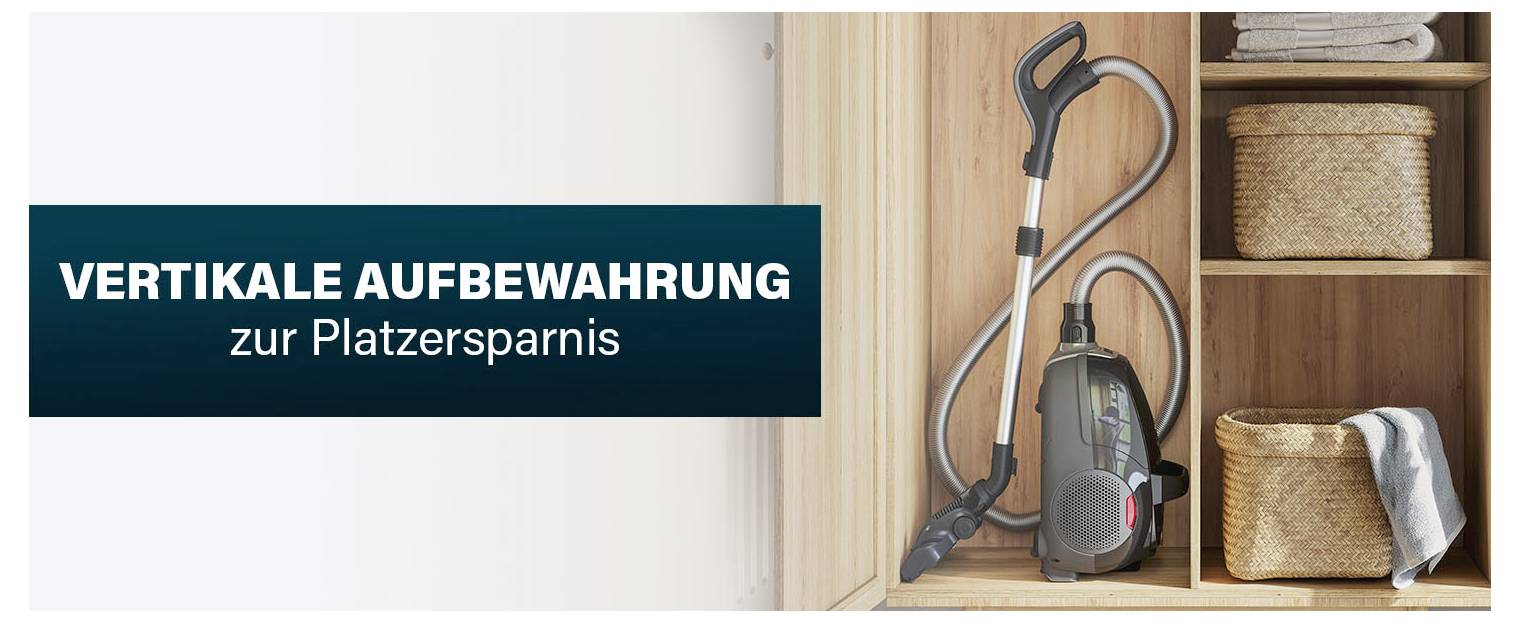 Werbegrafik mit Staubsauger im Schrank; Text: 'VERTIKALE AUFBEWAHRUNG zur Platzersparnis'.