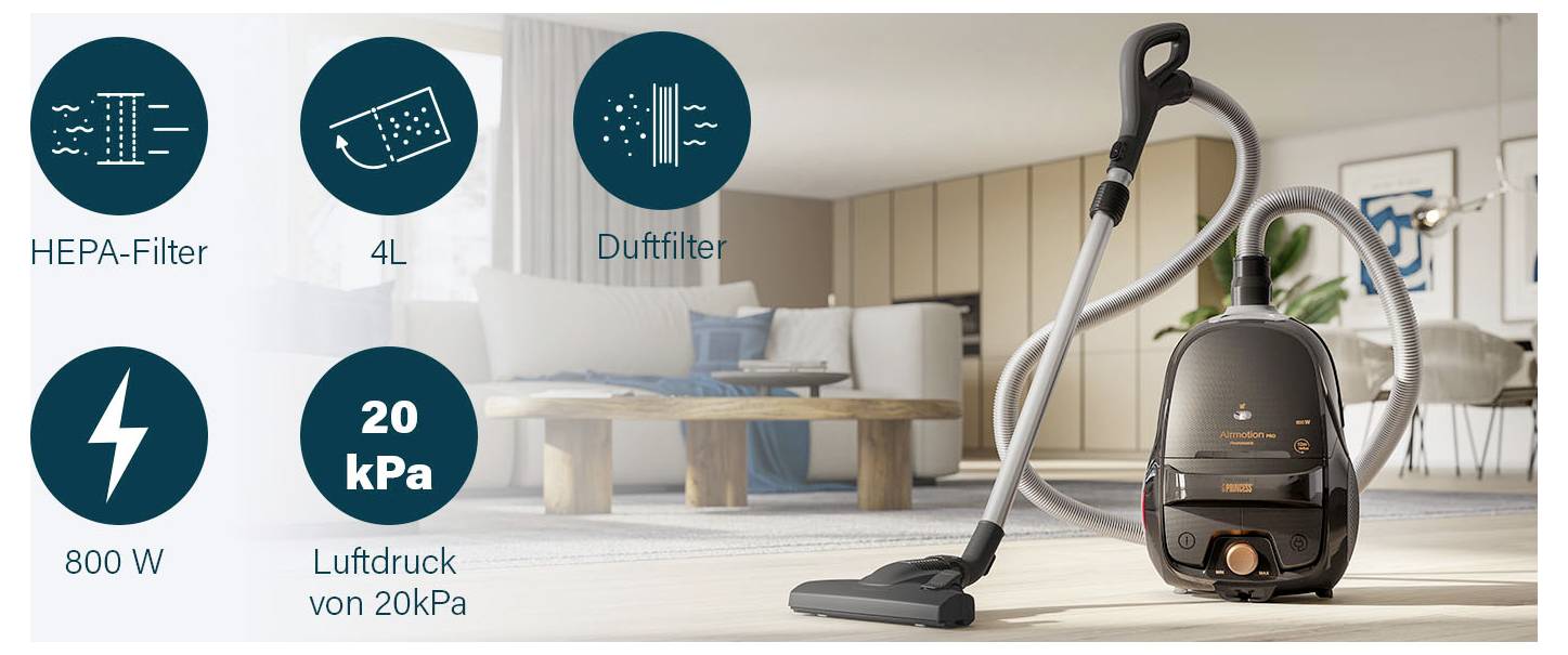 Produktbild eines beutellosen Staubsaugers in einem modernen Wohnzimmer, mit Symbolen, die HEPA-Filter, 4-Liter-Staubbehälter, 800-Watt-Motor und 20-kPa-Saugkraft hervorheben.