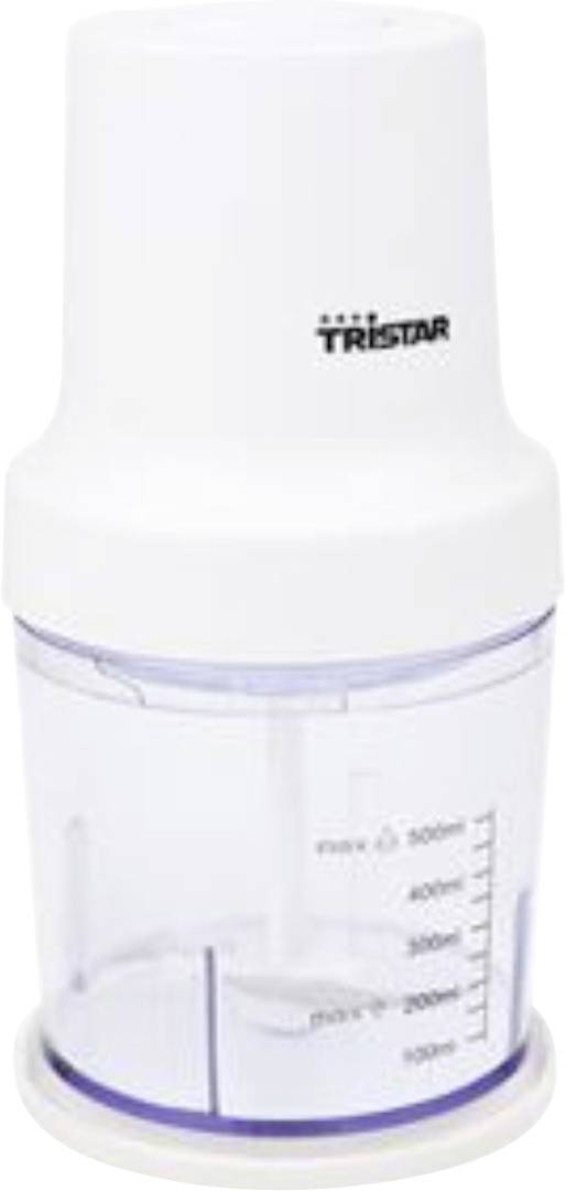 Weiße Tristar-Küchenmaschine mit transparenter Schüssel und Messskalen.