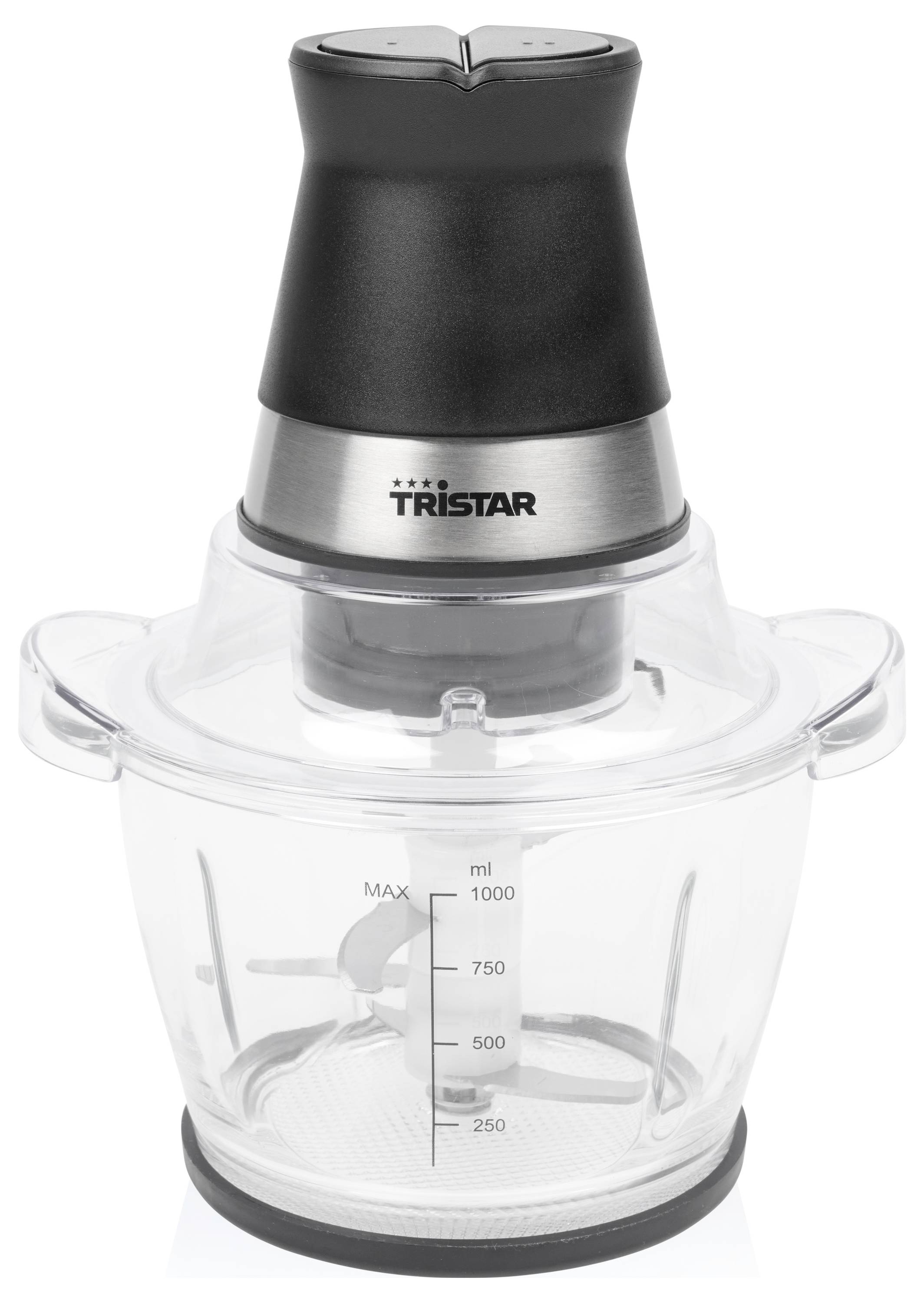 Tristar elektrischer Lebensmittelzerkleinerer mit transparenter 1.000-ml-Schüssel und Deckel, schwarzem und silbernem Motoraufsatz, auf weißem Hintergrund dargestellt.