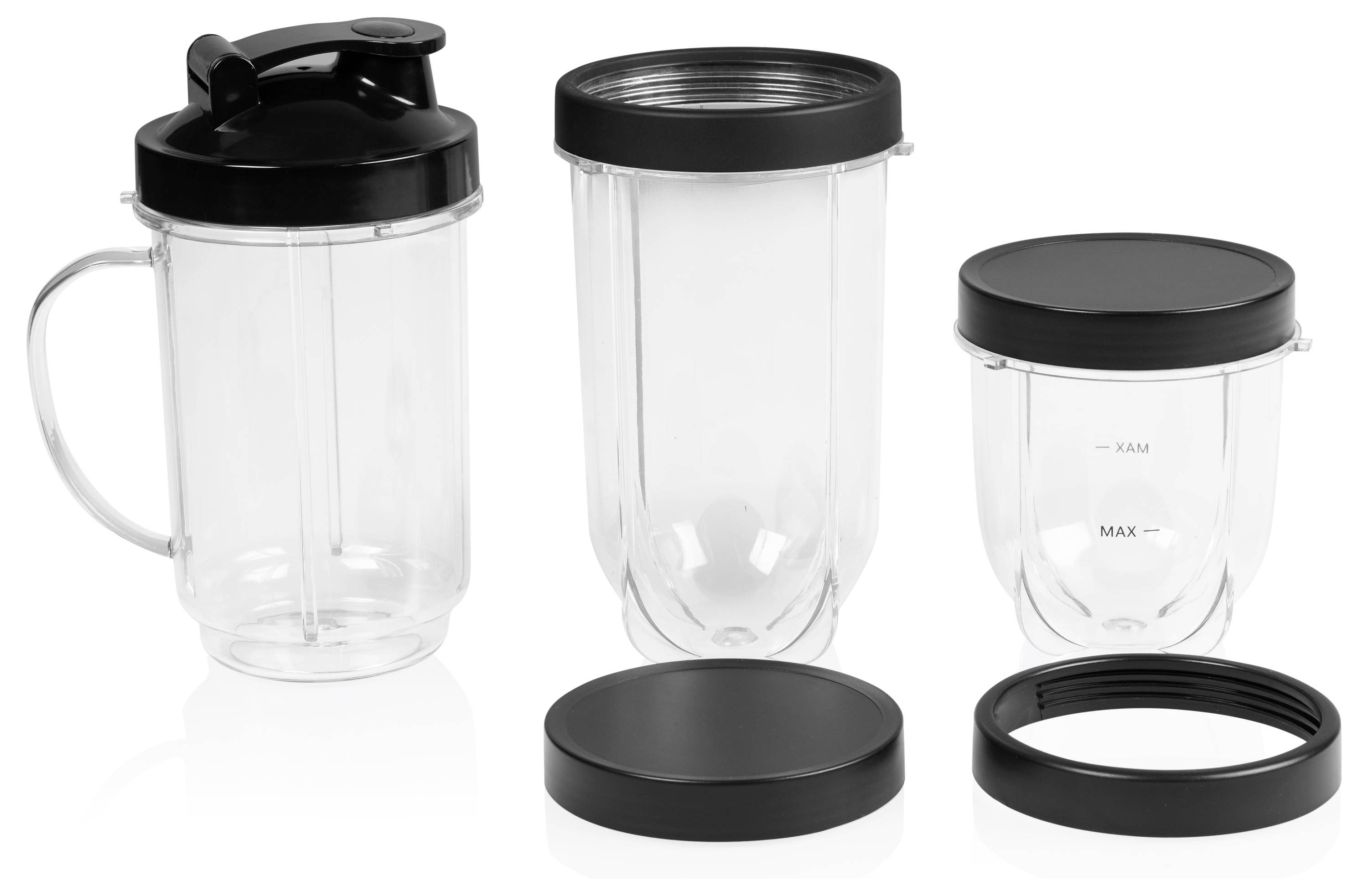 Drei transparente Mixer-Behälter mit schwarzen Deckeln und Basisringen, in verschiedenen Größen und Einzelteilen auf weißem Hintergrund dargestellt.