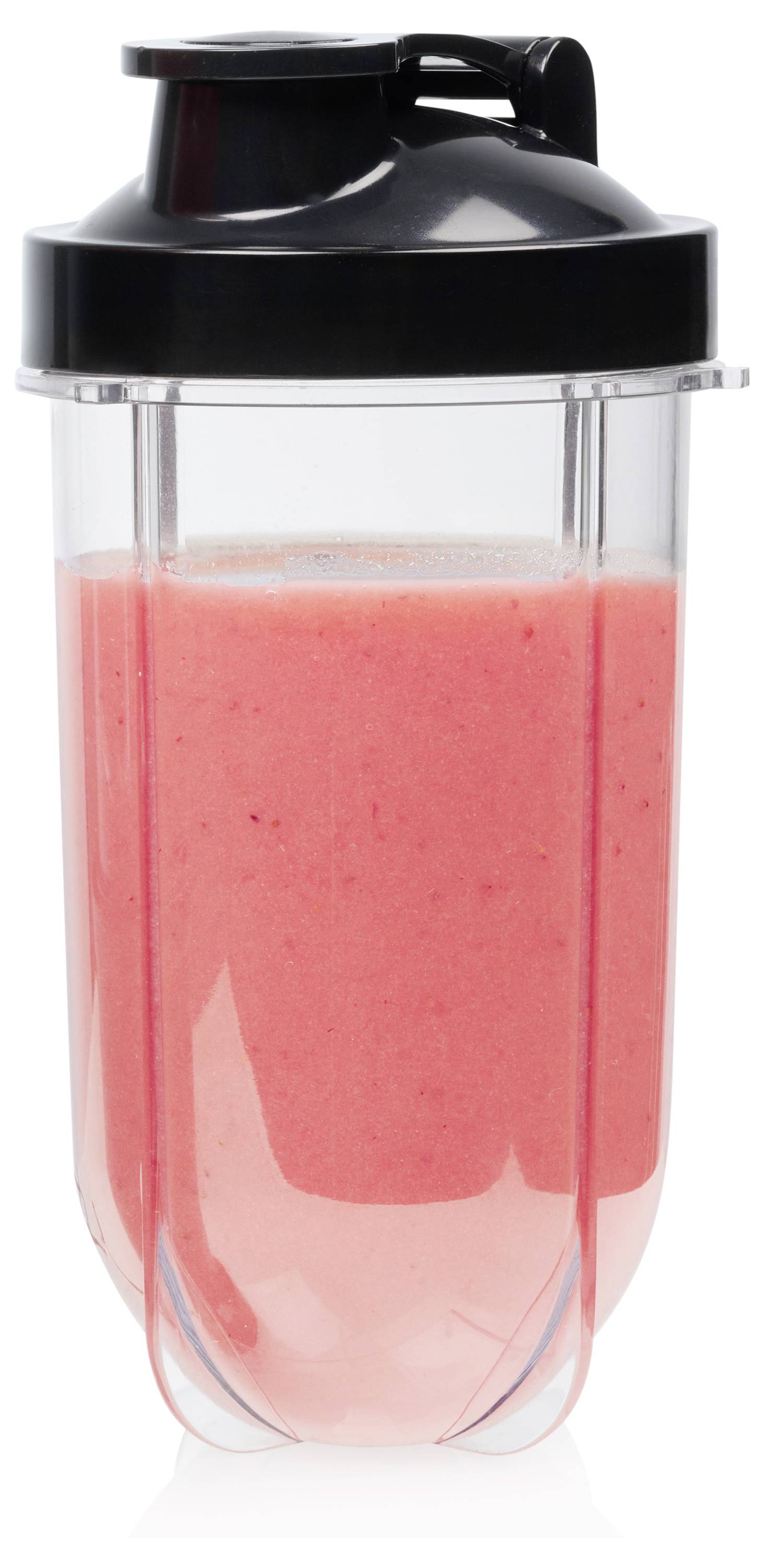 Transparente Shaker-Flasche gefüllt mit rosa Smoothie oder Protein-Drink, vor weißem Hintergrund gezeigt.