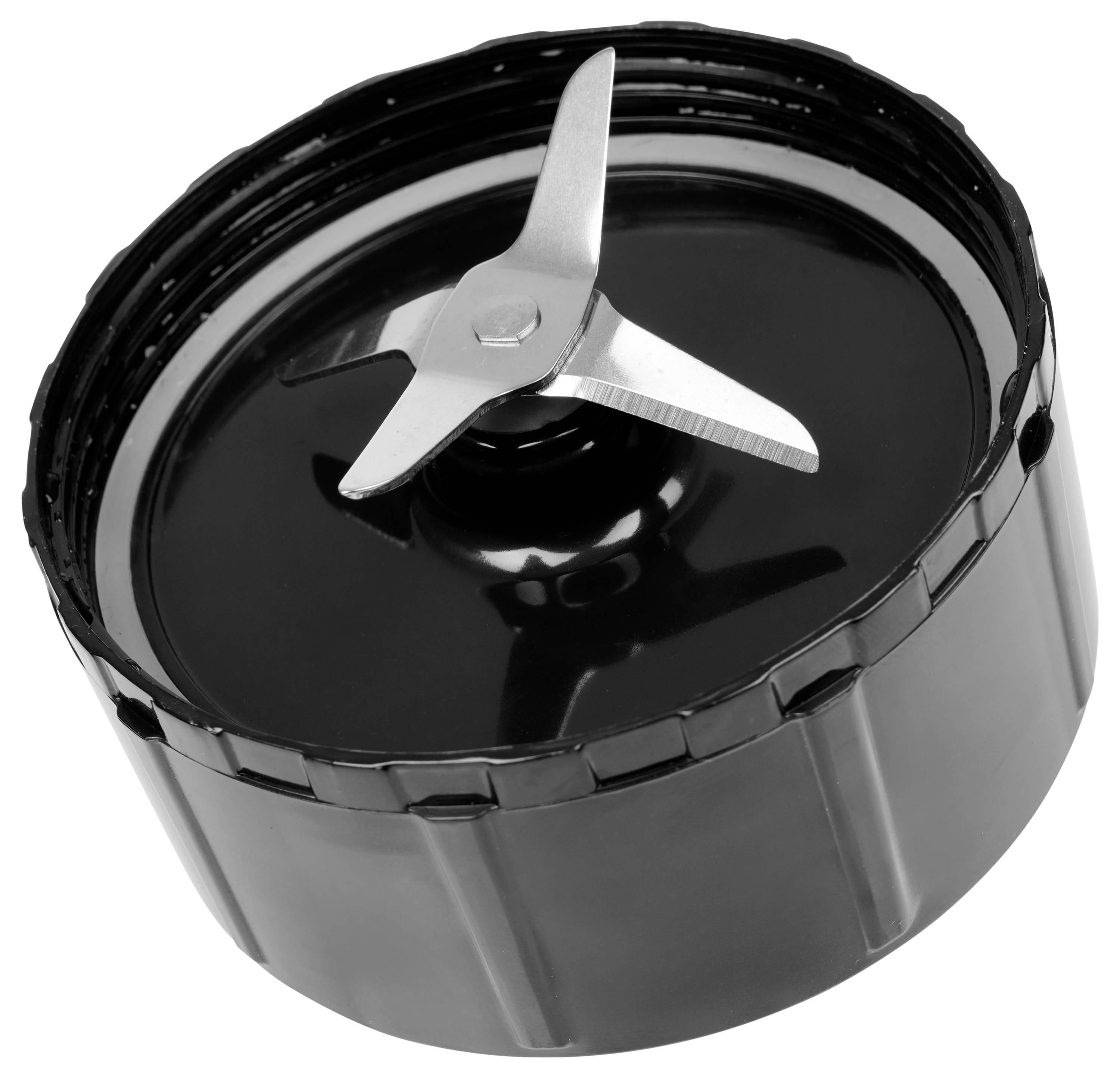 Schwarze Mixer- oder Küchenmaschinen-Messeranordnung mit einem vierspitzigen Metallmesser auf einer kreisförmigen Basis, von oben auf weißem Hintergrund betrachtet