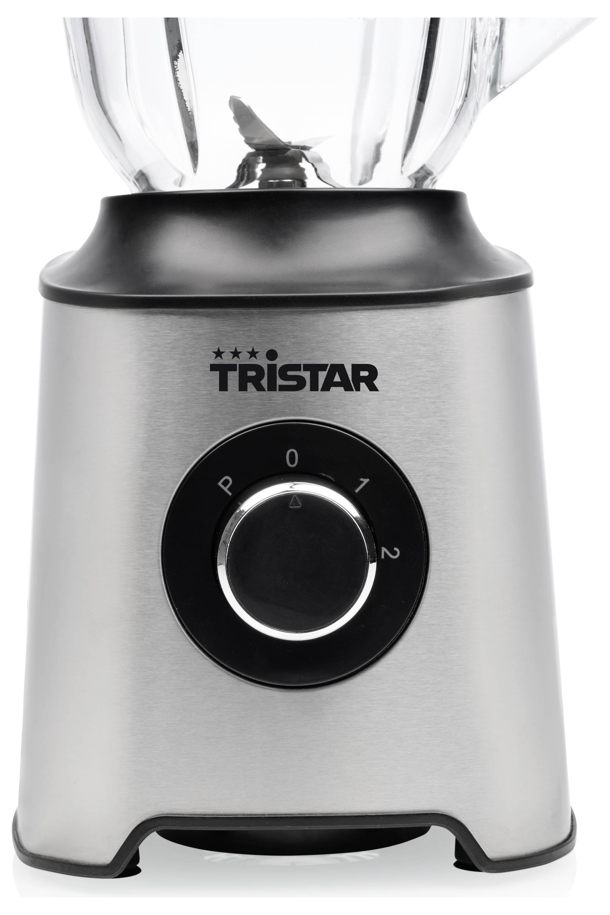 Edelstahl-Tristar-Standmixer mit Frontdrehregler und Glaskrug oben, vor weißem Hintergrund dargestellt.