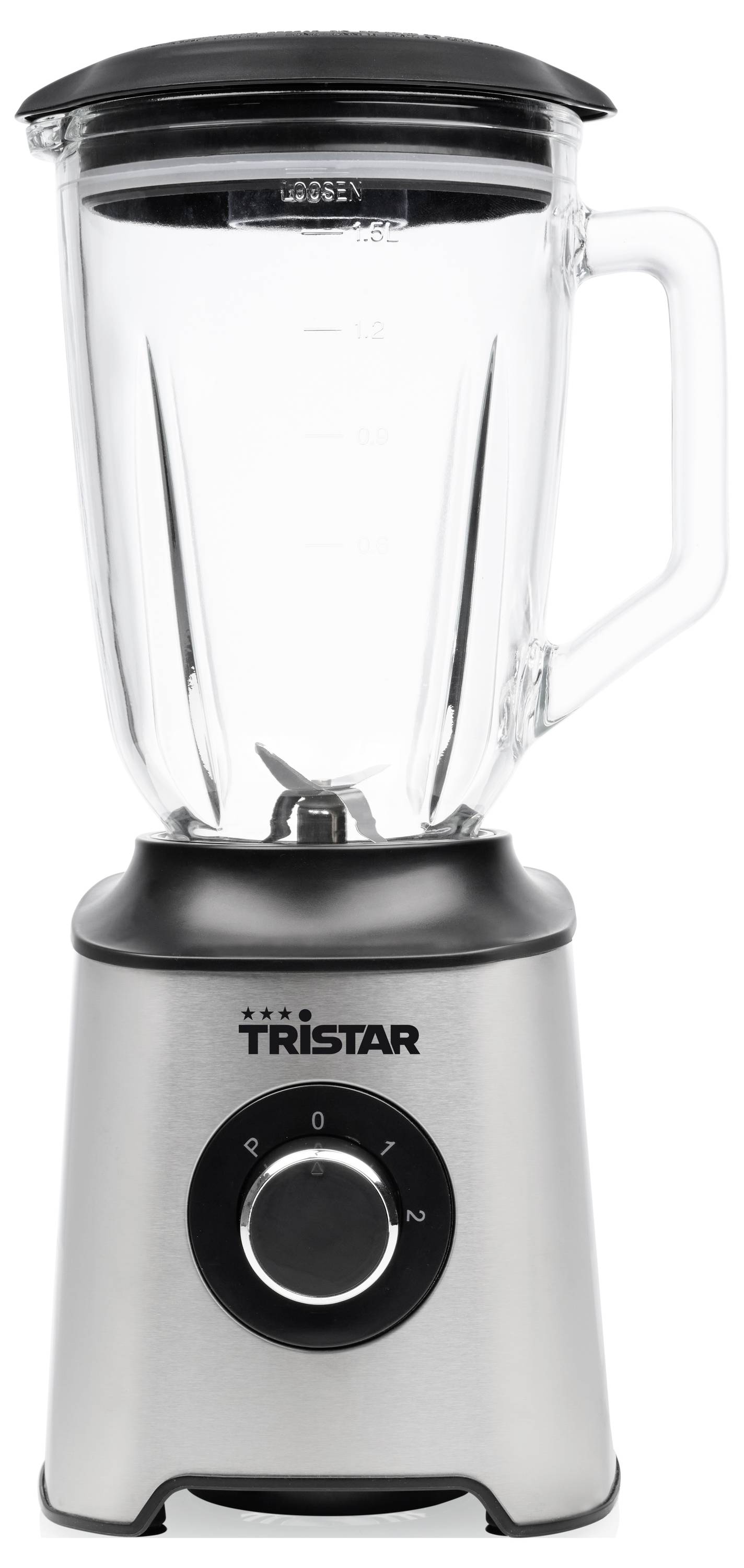 Edelstahl-Standmixer von Tristar mit Glaskrug, schwarzem Deckel, Griff und Drehregler.