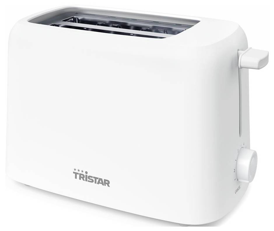 Weißer Tristar Zweischlitz-Toaster mit Bräunungsregler an der Seite und Toasthebel