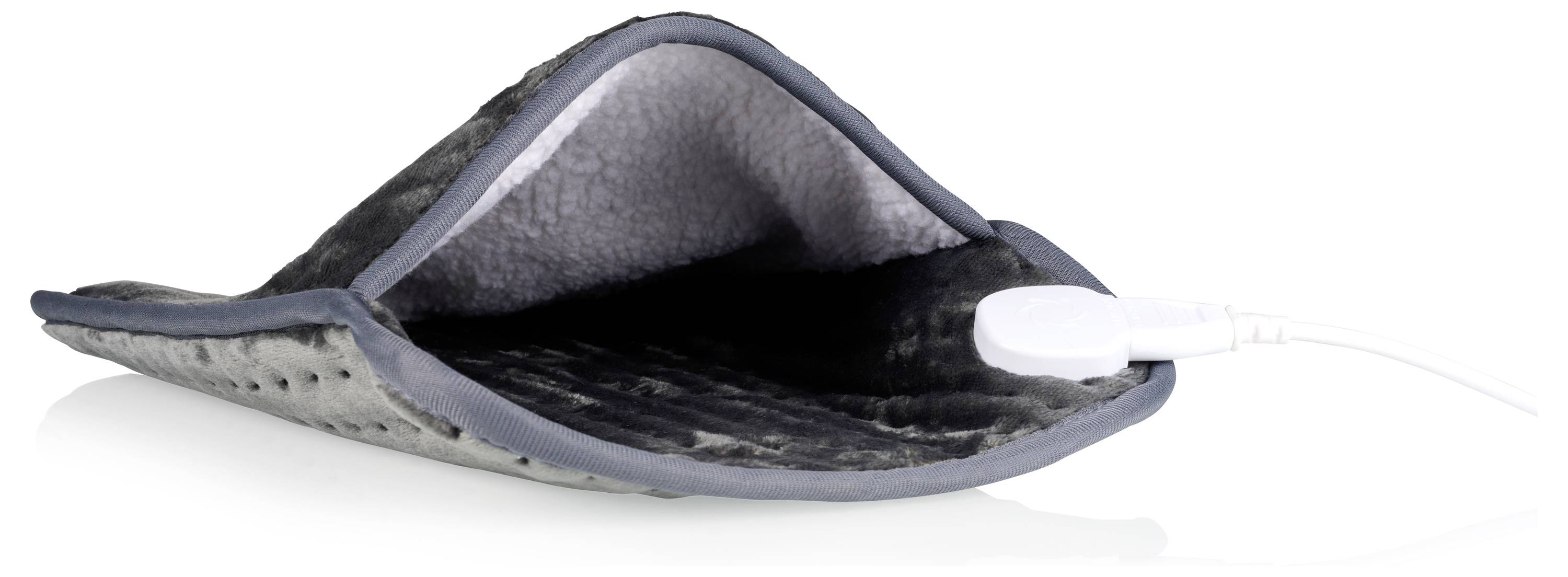 Offene Wärmebildkamera-Tasche mit gezipptem grauem Rand und weißem Kabel, das auf der rechten Seite angebracht ist.