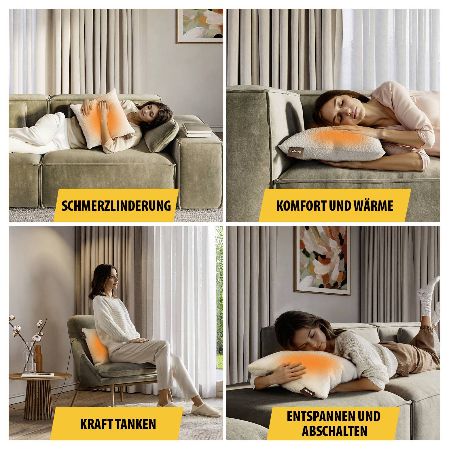 Vier Fotos einer Frau auf dem Sofa mit leuchtendem Wärmekissen; gezeigt werden Schmerzlinderung, Komfort und Wärme, Kraft tanken sowie Entspannen und Abschalten.