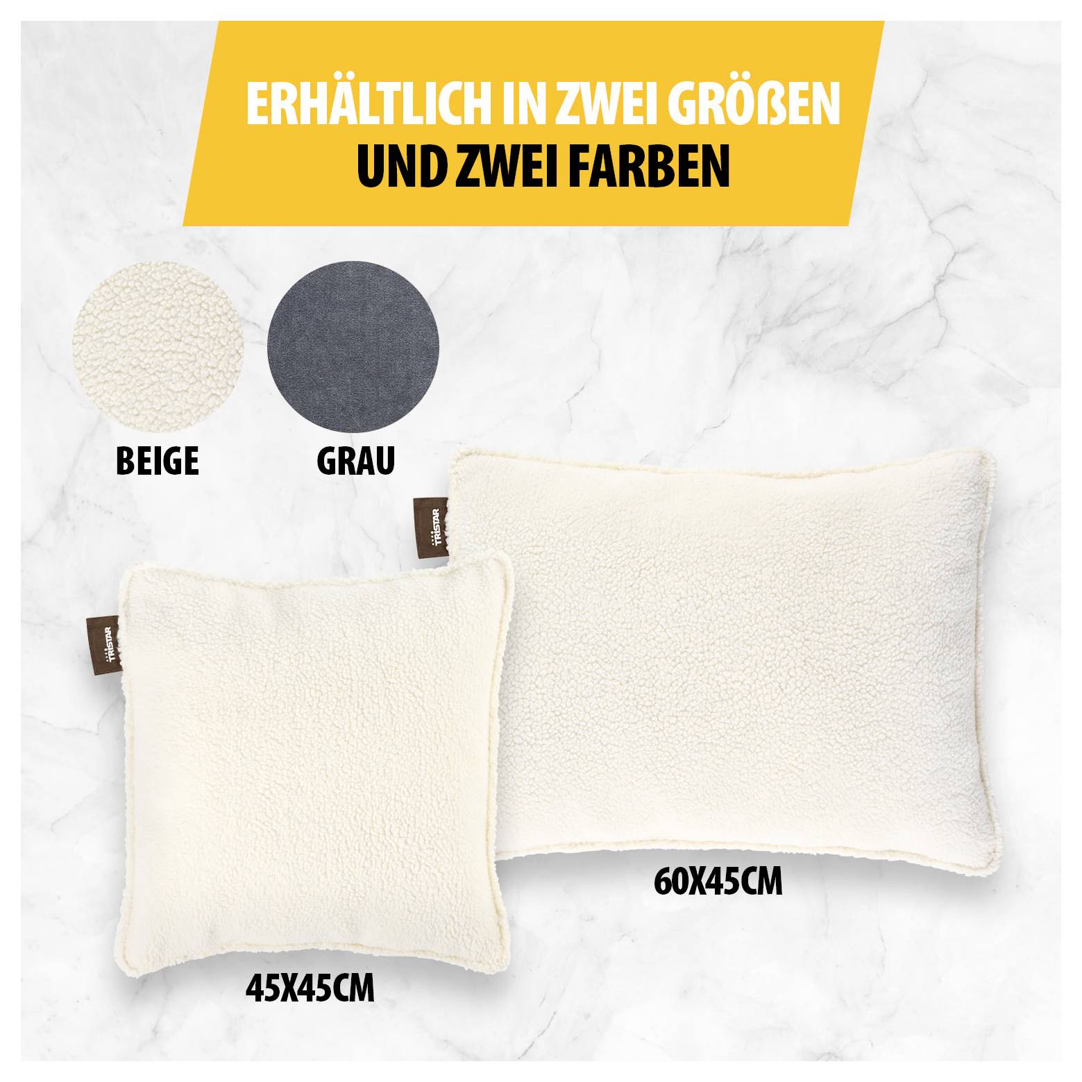 Werbebild für Kissen in zwei Größen und zwei Farben: beige und grau; Größen 45x45 cm und 60x45 cm.