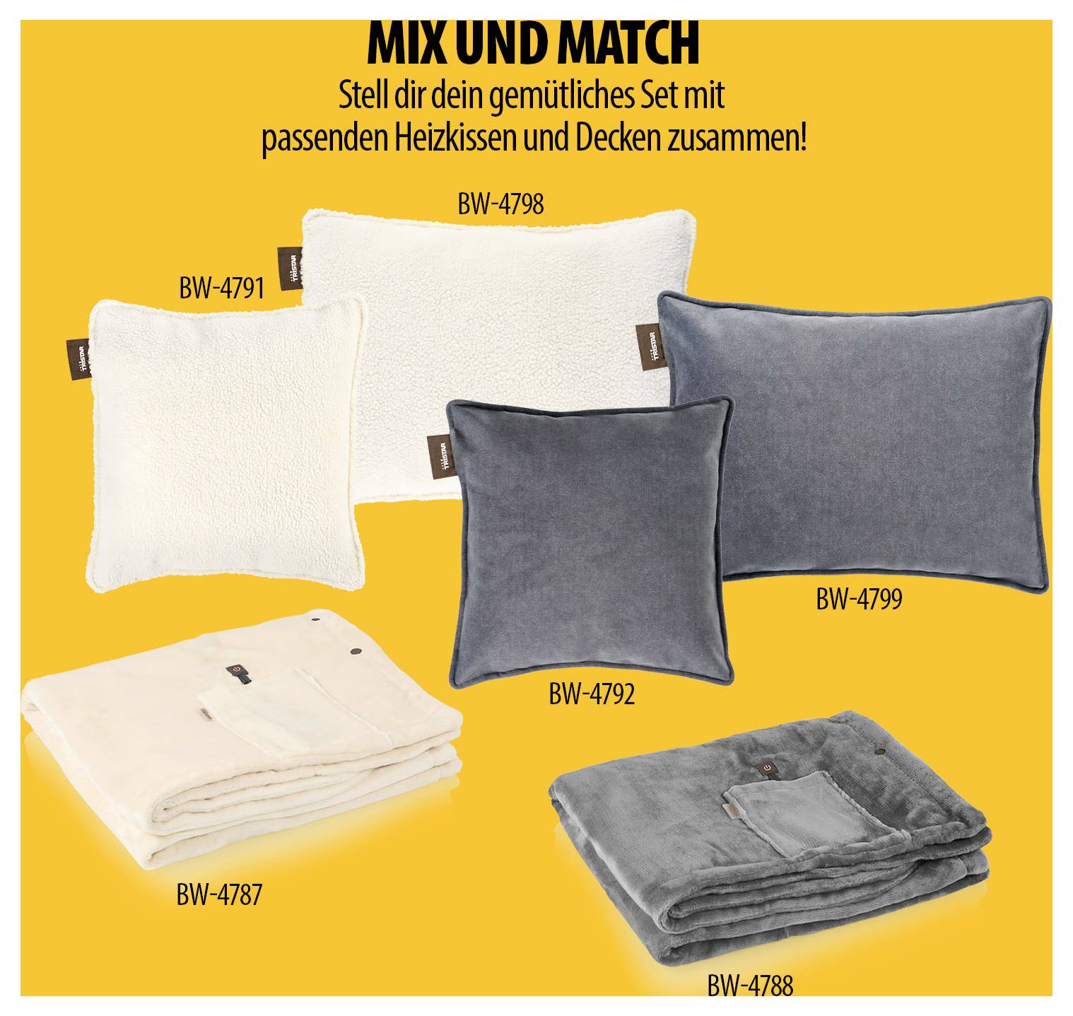 Werbegrafik 'MIX UND MATCH' mit passenden Heizkissen und Decken; zeigt mehrere Kissen und gefaltete Decken mit Produktnummern auf gelbem Hintergrund.