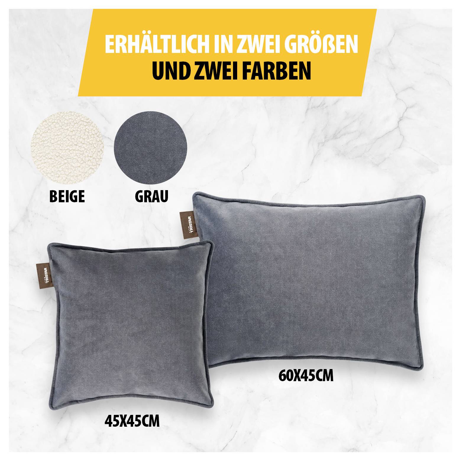 Produktgrafik mit zwei grauen Kissen in den Größen 45x45 cm und 60x45 cm; erhältlich in Beige und Grau.