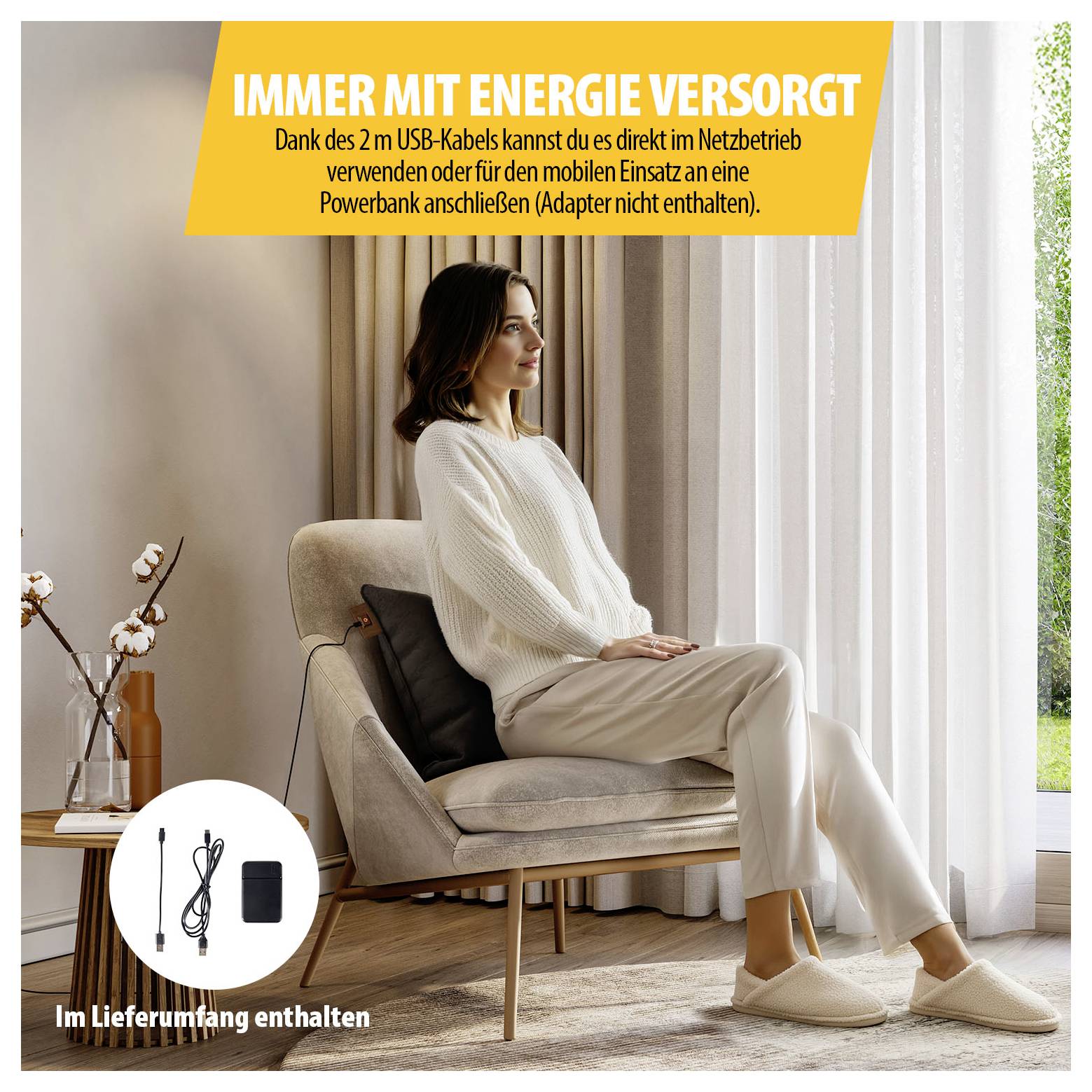 Frau sitzt entspannt im Sessel und nutzt ein 2-m-USB-Kabel; Hinweis: 'Immer mit Energie versorgt' und 'Im Lieferumfang enthalten' mit Kabel- und Powerbank-Symbol.