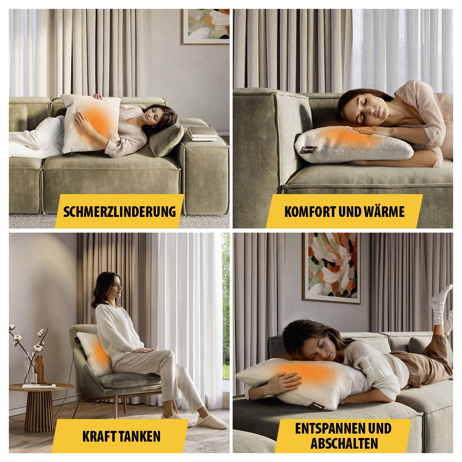 Vier Fotos einer Frau mit beheiztem Kissen auf Sofa und Sessel; Bildtexte: 'Schmerzlinderung', 'Komfort und Wärme', 'Kraft tanken', 'Entspannen und abschalten'.