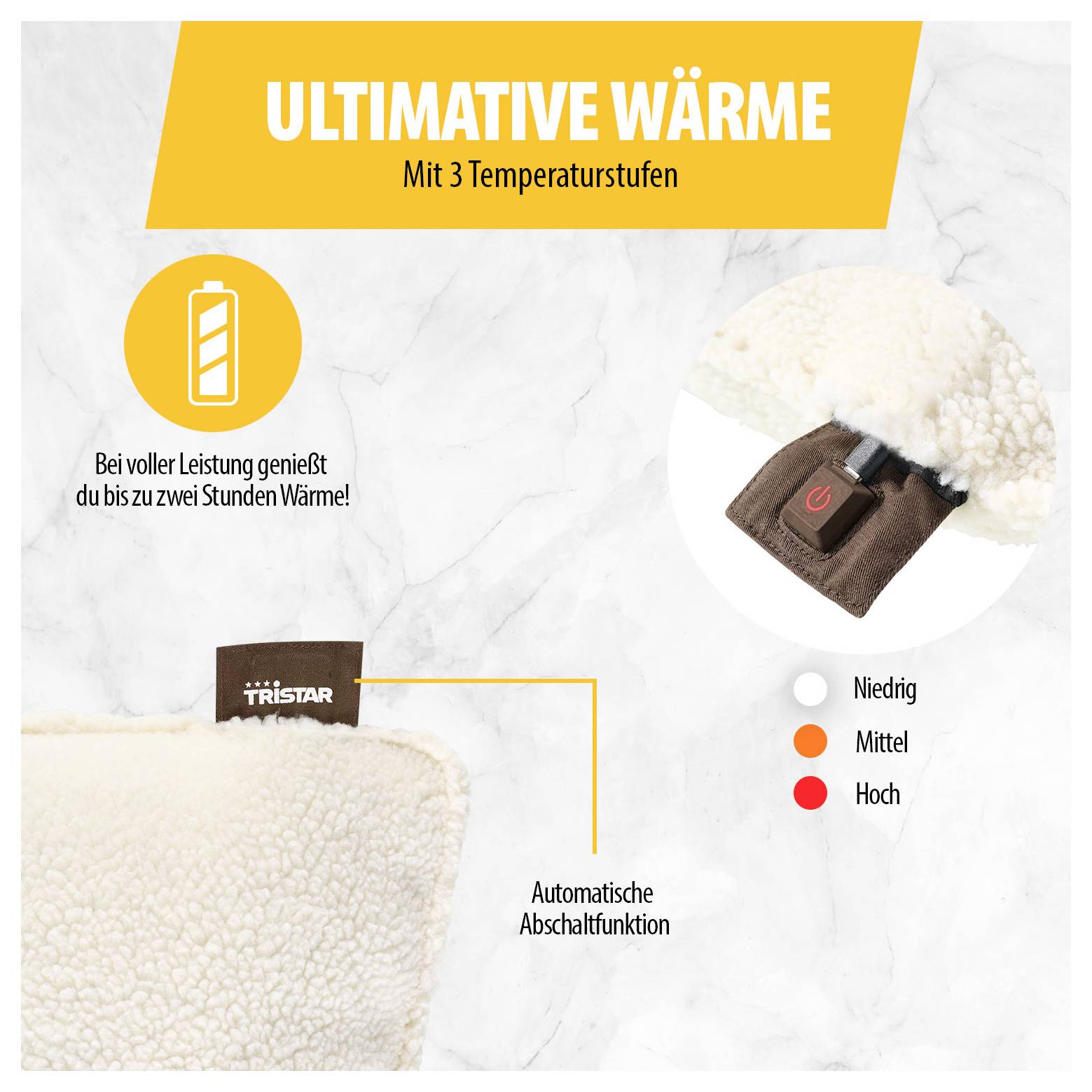 Werbegrafik für ein beheizbares Produkt: 'ULTIMATIVE WÄRME' mit 3 Temperaturstufen, automatischer Abschaltfunktion und bis zu zwei Stunden Wärme; zeigt Bedienknopf und Temperaturlegende.
